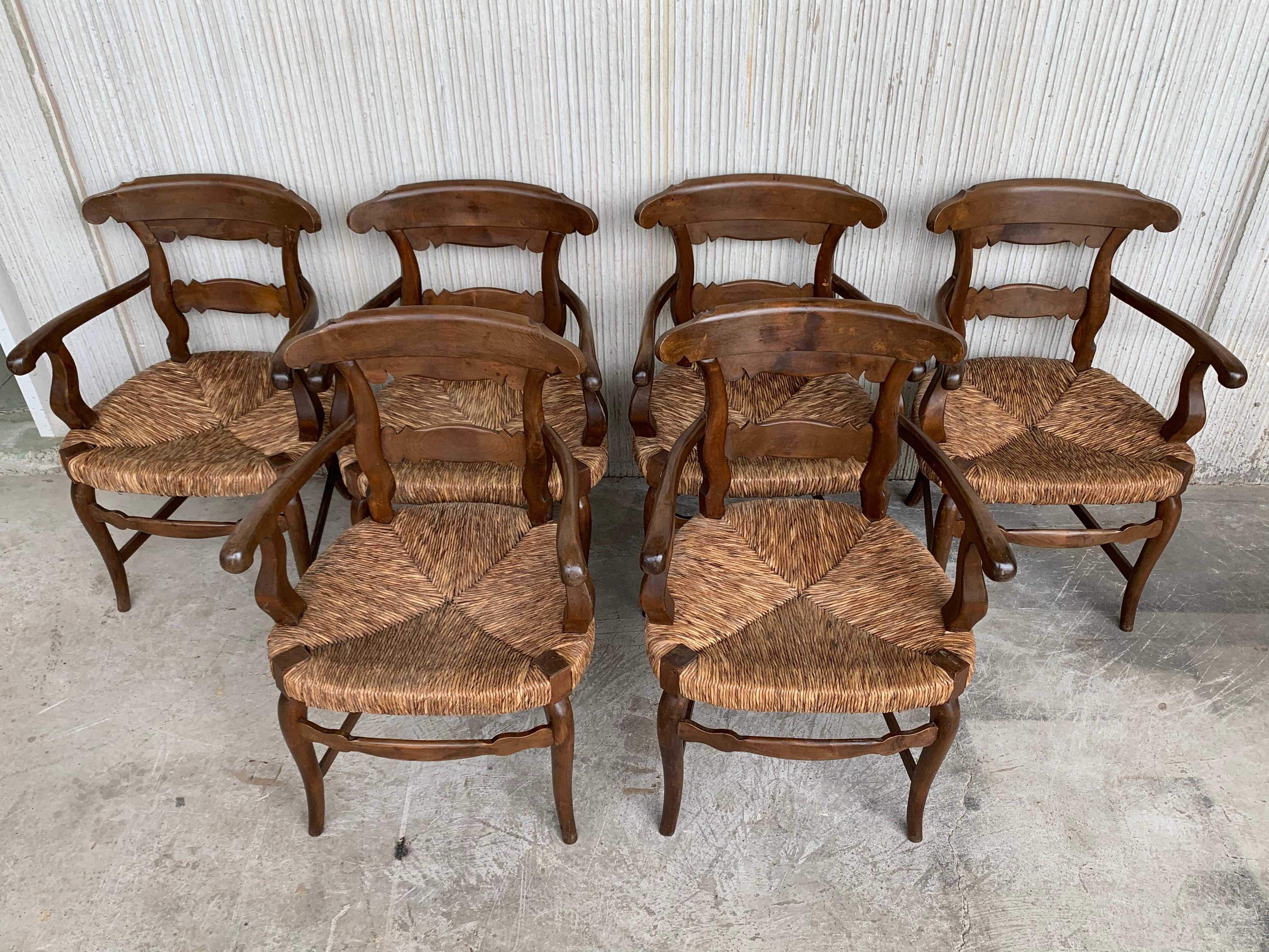 Spanish Colonial 19th Century Set of Six Armchairs with Straw Seat For Sale