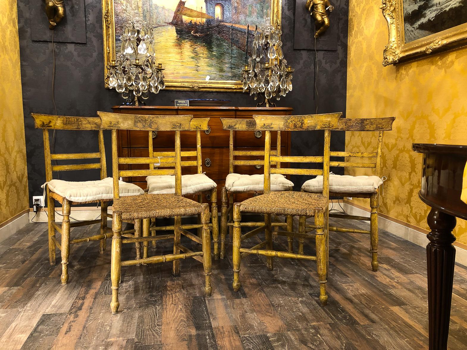 19th century set of six carved Italian caned chairs.

An Italian 19th century period, a lovely set of lacquered fruitwood caned chairs, with Arte Povera decoration.

Dimensions: H 33.07 In. - W 16.14 In - D 15.74 IN. - H seat 17.32 In.

In