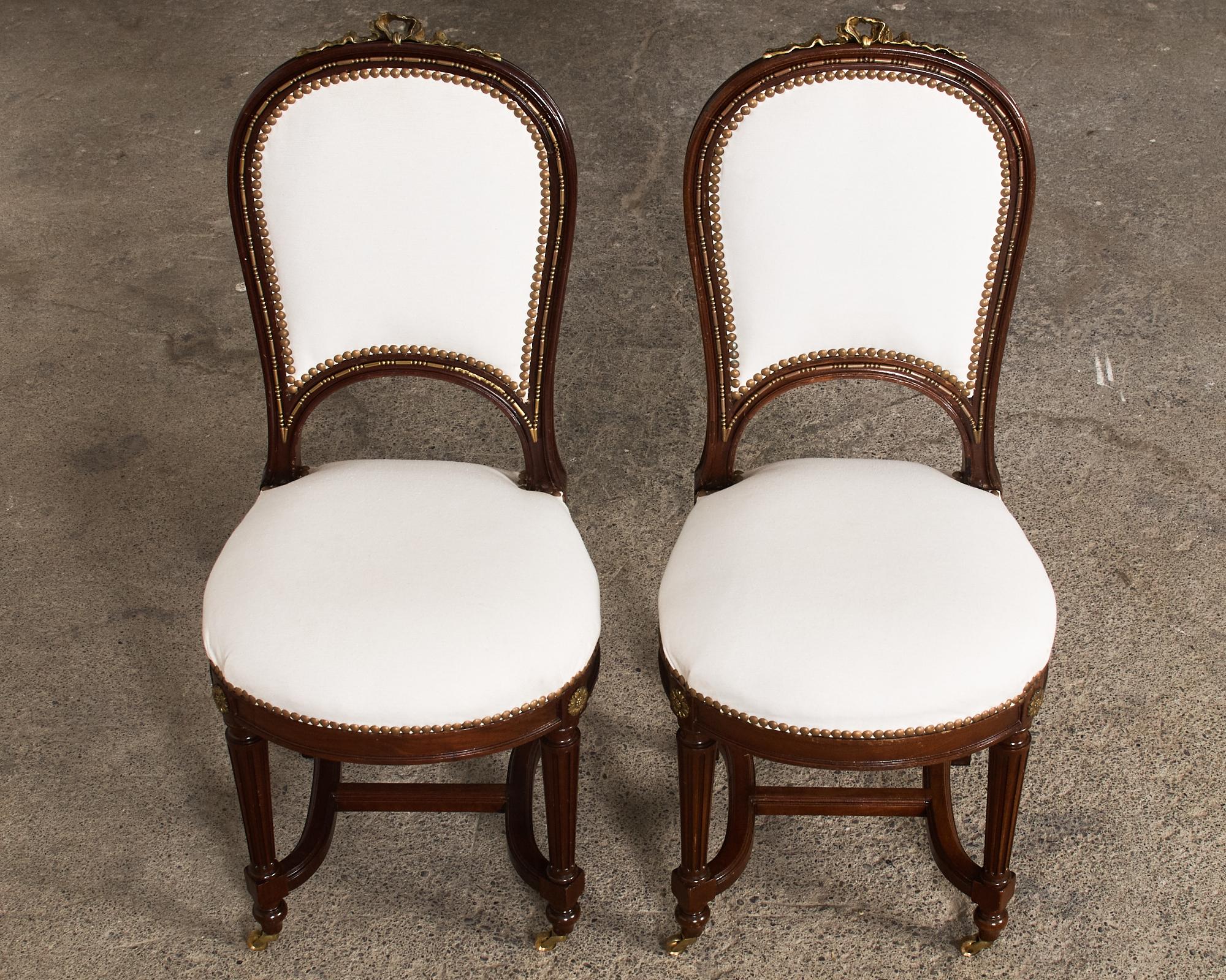 Brass 19th Century Set of Six Directoire Style Mahogany Dining Chairs  For Sale