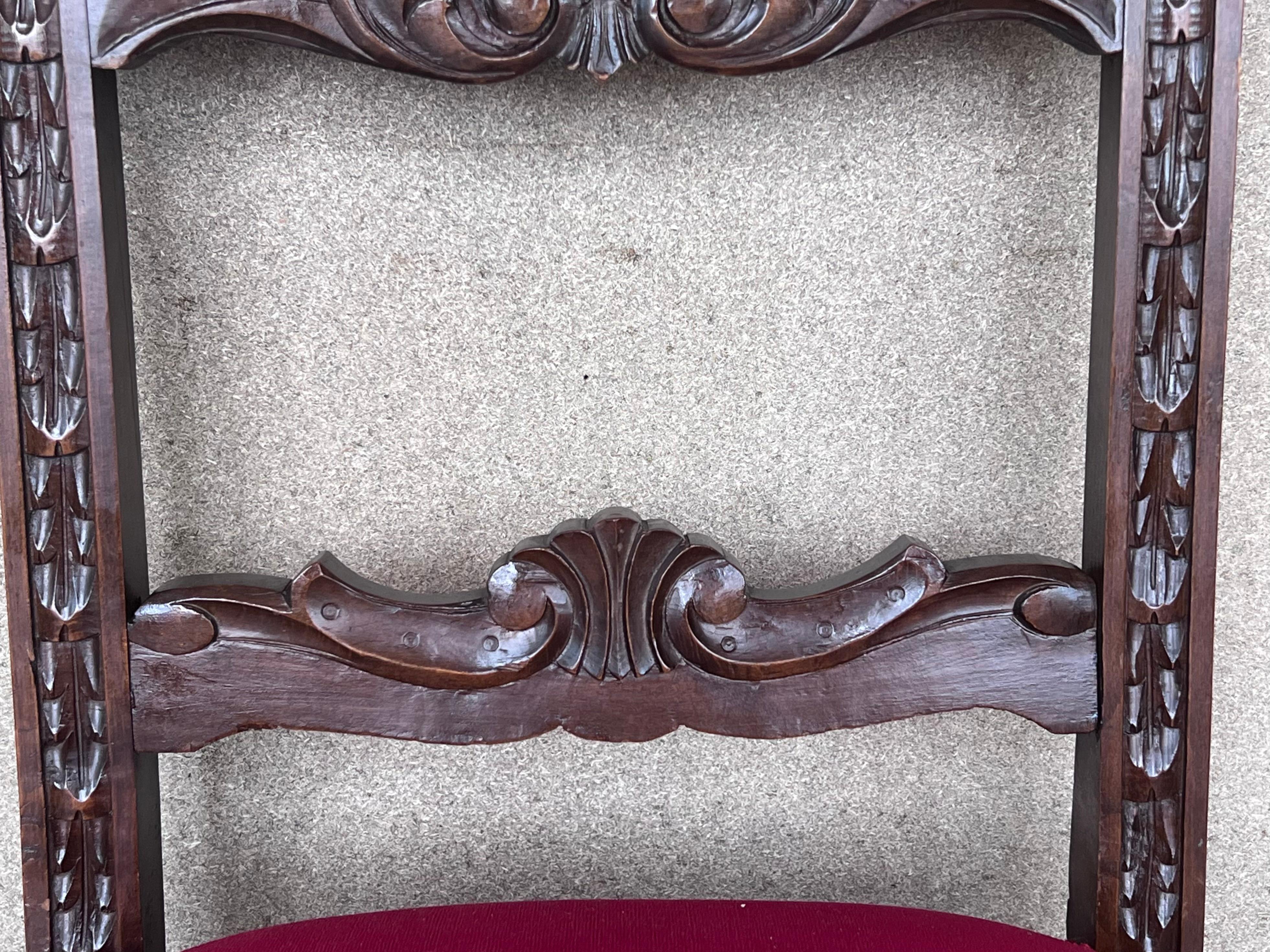 19th Century Set of Six French Carved Walnut Turned Wood Chairs with Velvet Seat For Sale 7