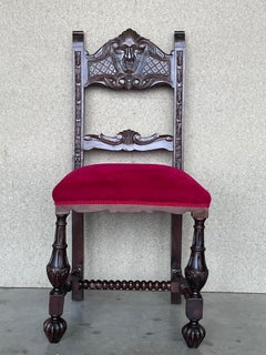 19th Century Set of Six French Carved Walnut Turned Wood Chairs with Velvet Seat