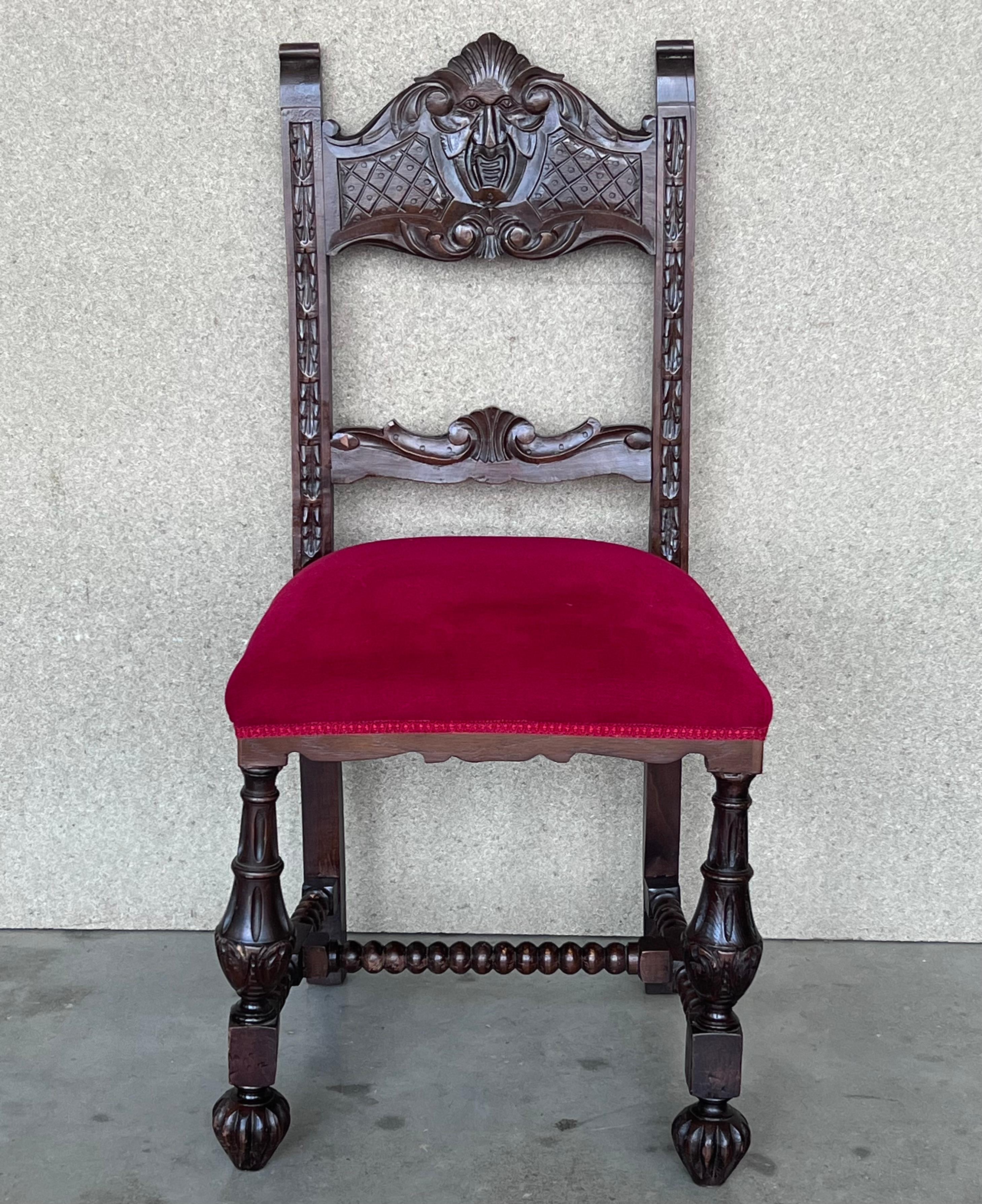 Renaissance 19th Century Set of Six French Carved Walnut Turned Wood Chairs with Velvet Seat For Sale