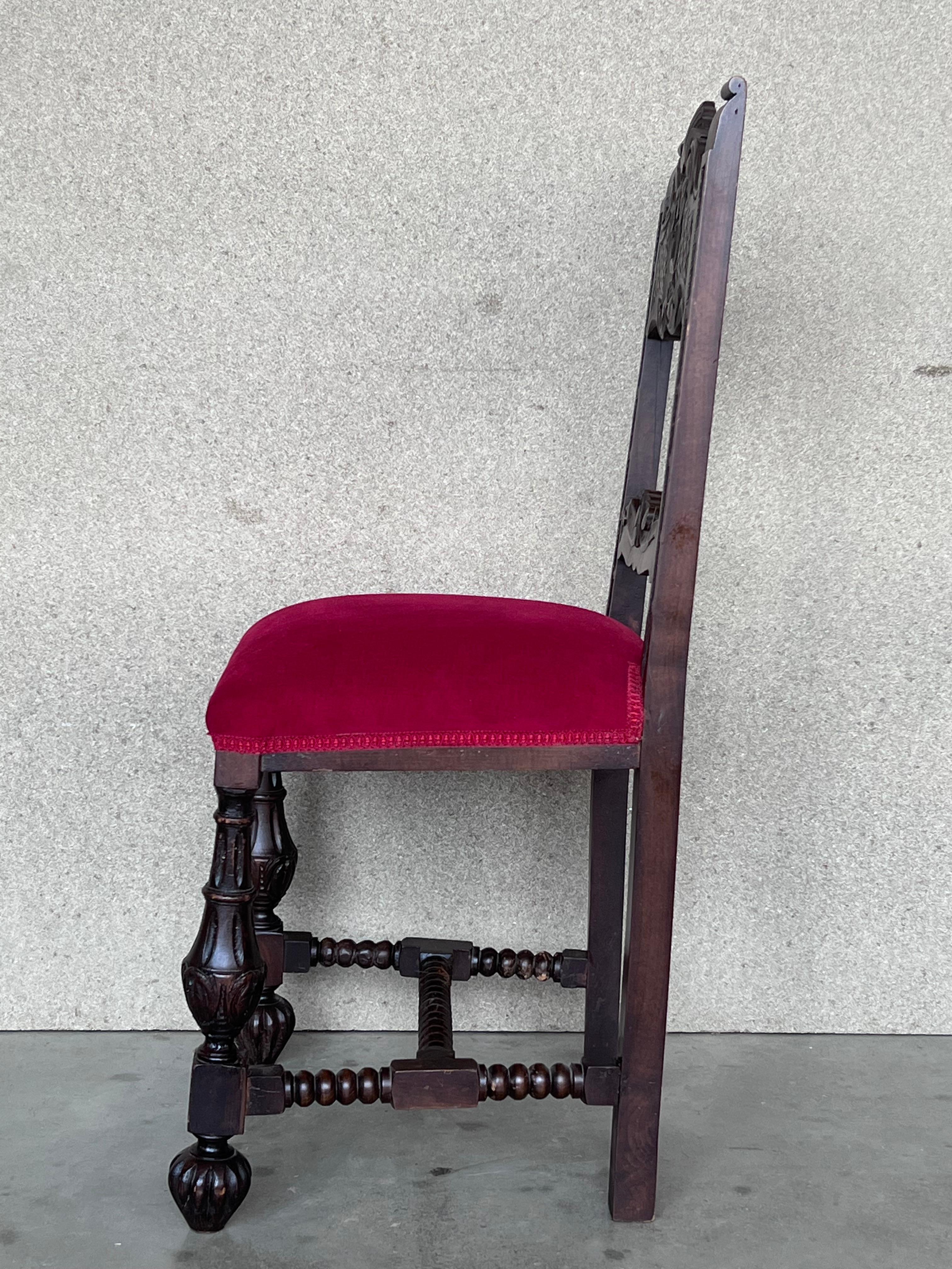 19th Century Set of Six French Carved Walnut Turned Wood Chairs with Velvet Seat In Good Condition For Sale In Miami, FL
