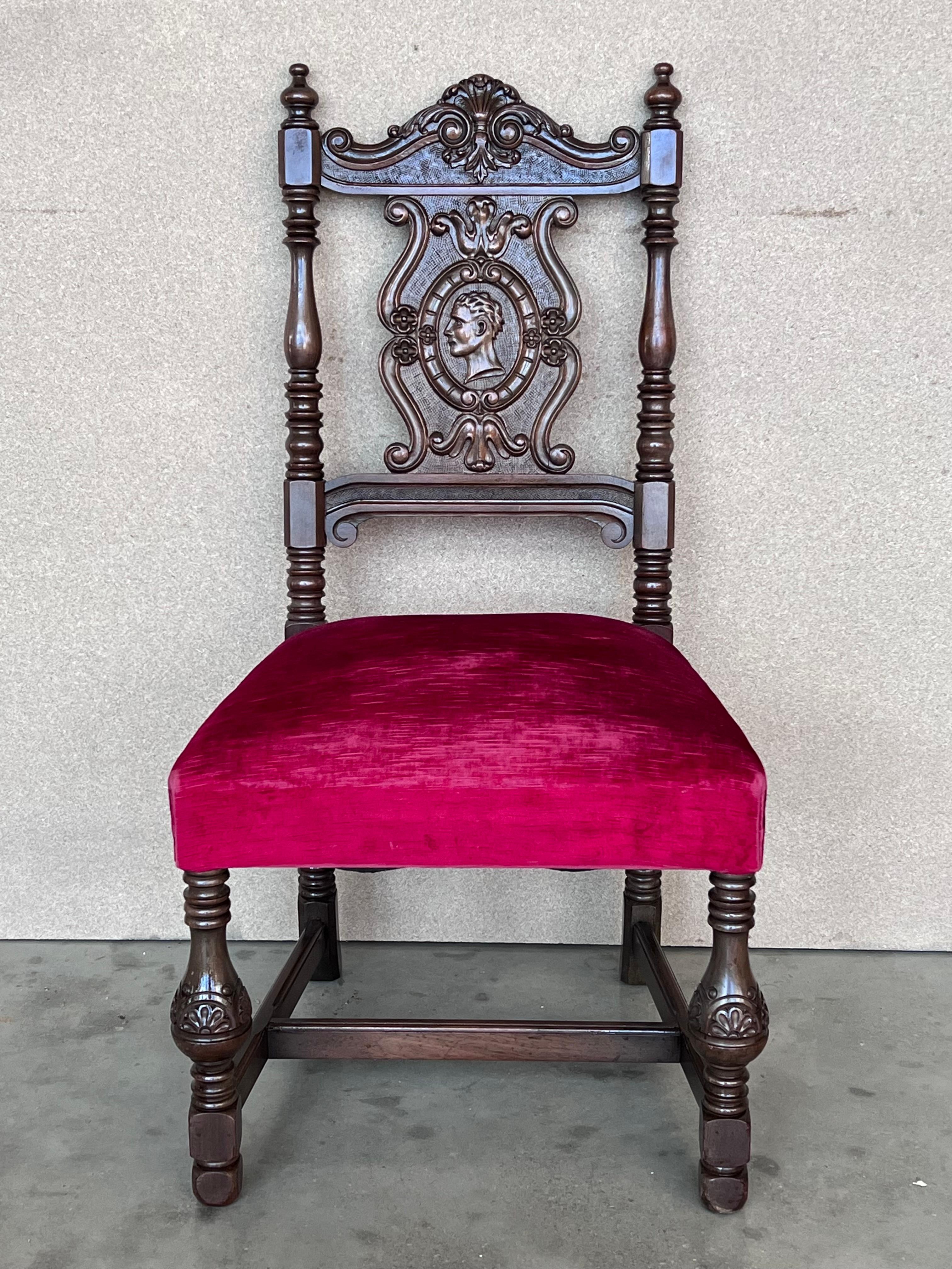 19th Century Set of Six French Carved Walnut Turned Wood Chairs with Velvet Seat In Good Condition For Sale In Miami, FL