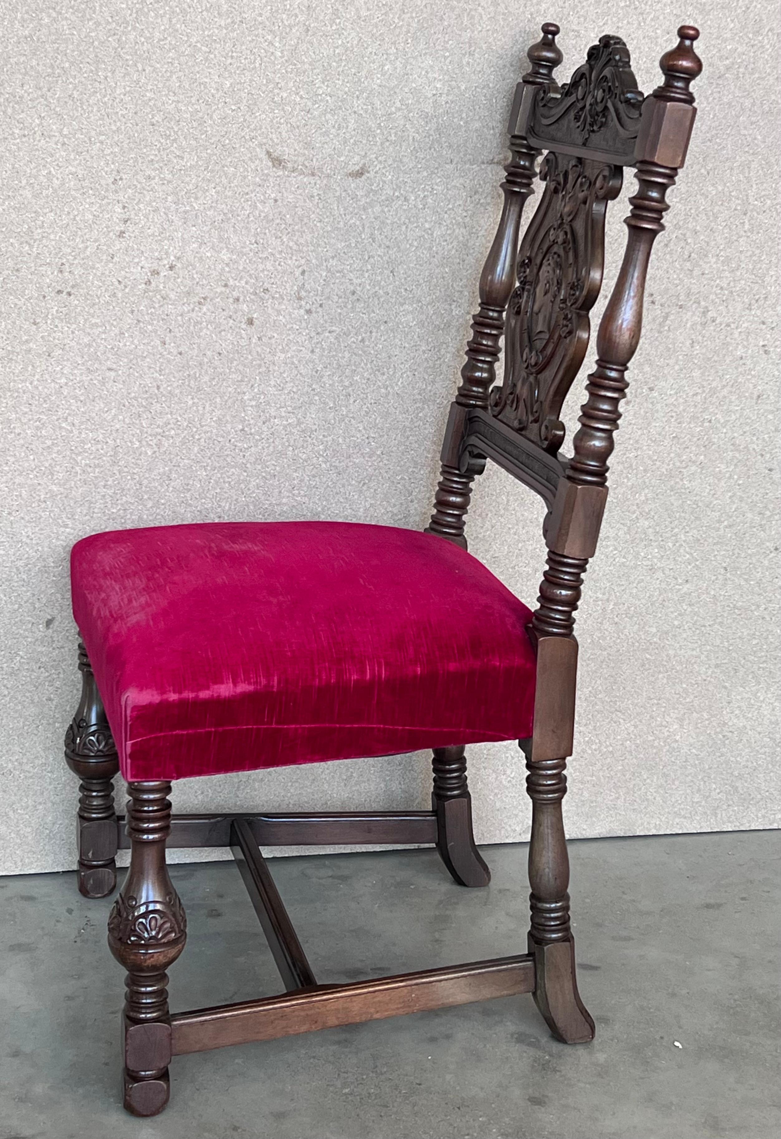 19th Century Set of Six French Carved Walnut Turned Wood Chairs with Velvet Seat For Sale 1