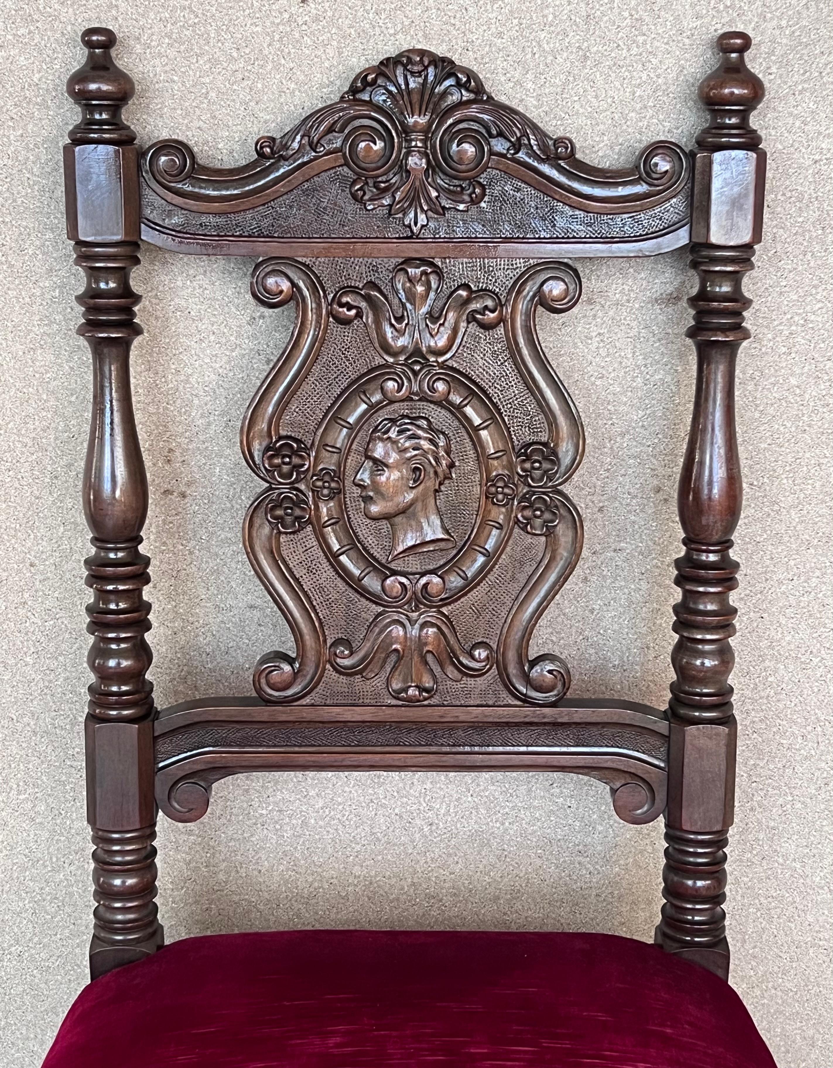 19th Century Set of Six French Carved Walnut Turned Wood Chairs with Velvet Seat For Sale 2