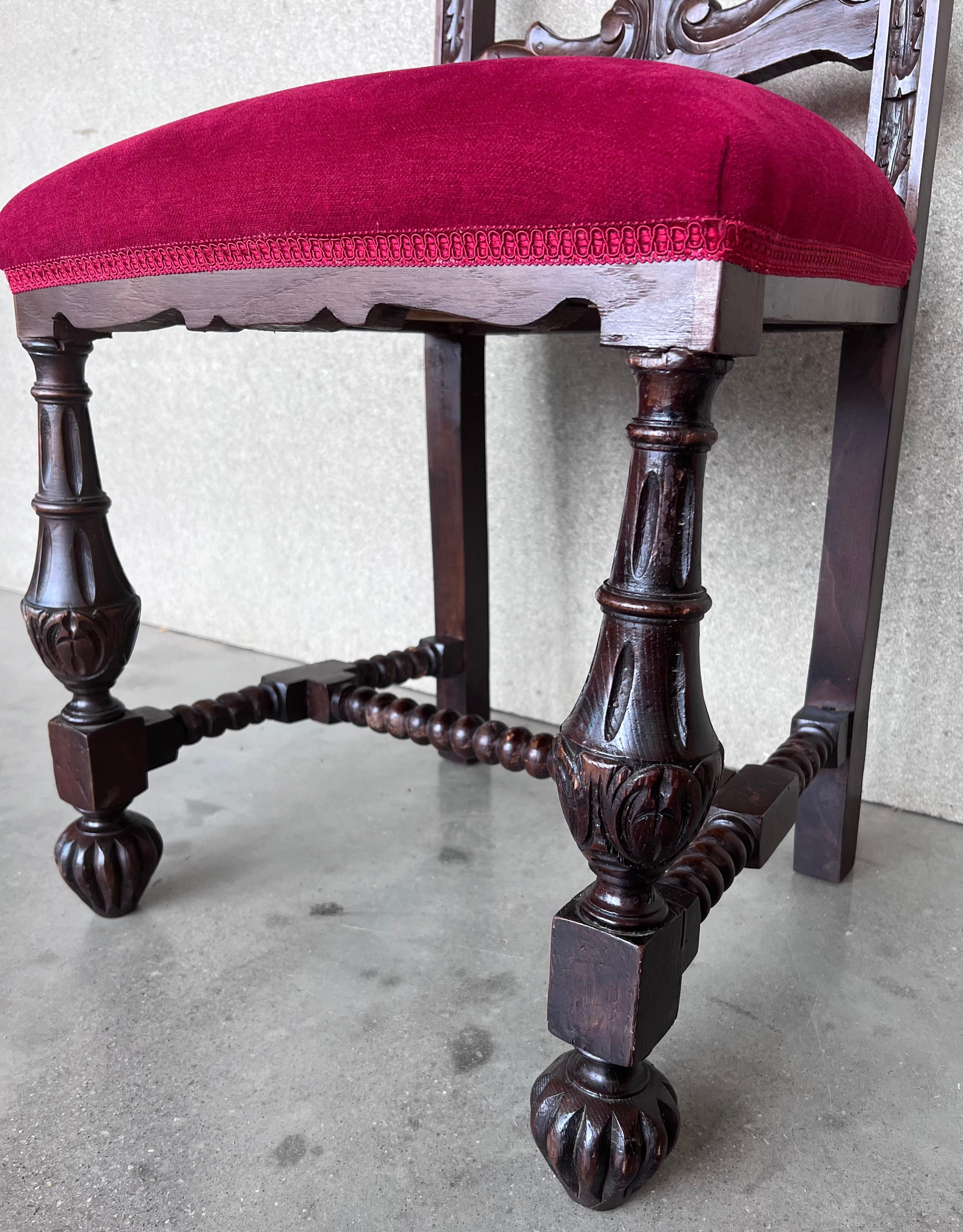 19th Century Set of Six French Carved Walnut Turned Wood Chairs with Velvet Seat For Sale 3