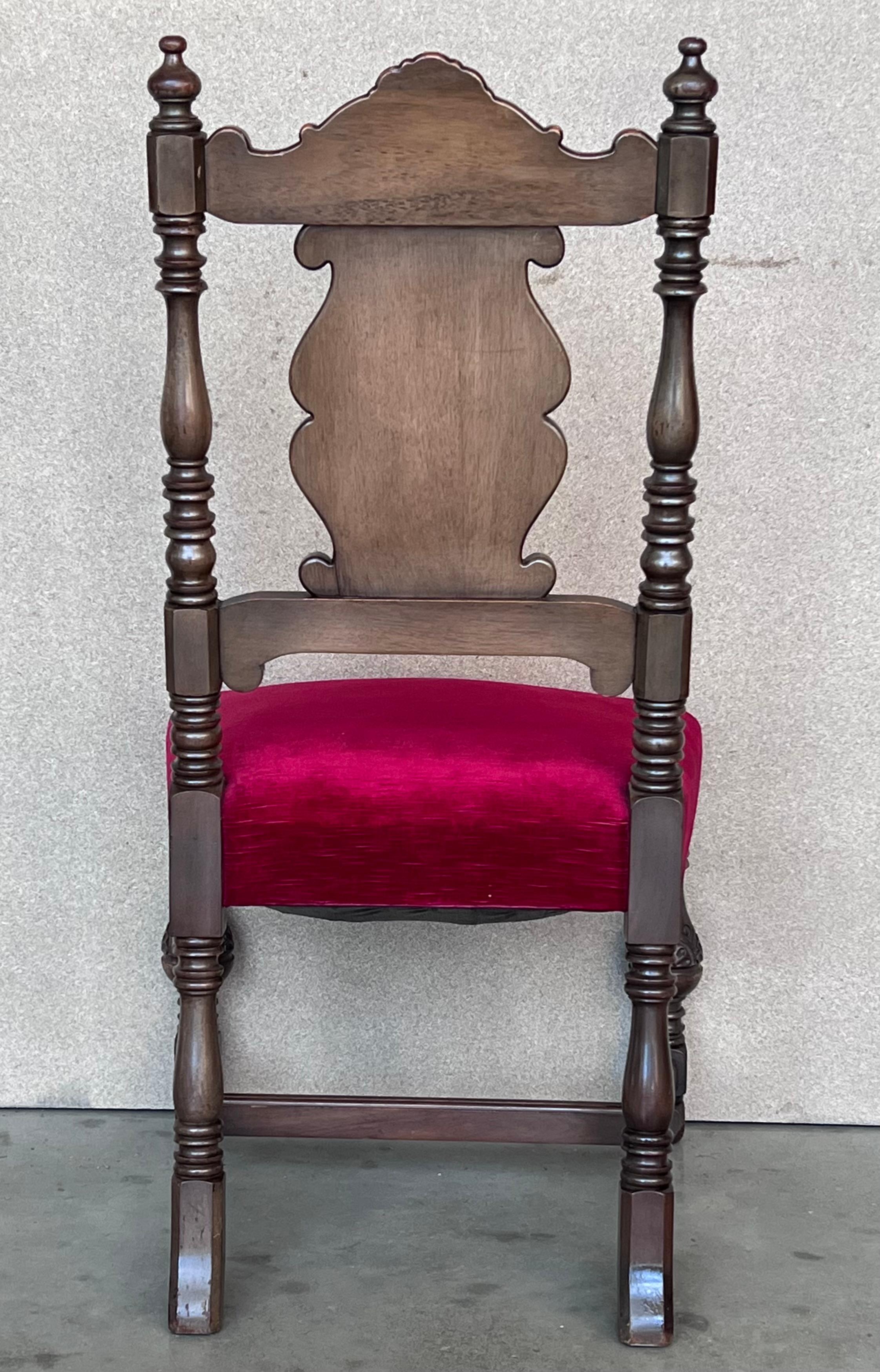 19th Century Set of Six French Carved Walnut Turned Wood Chairs with Velvet Seat For Sale 3