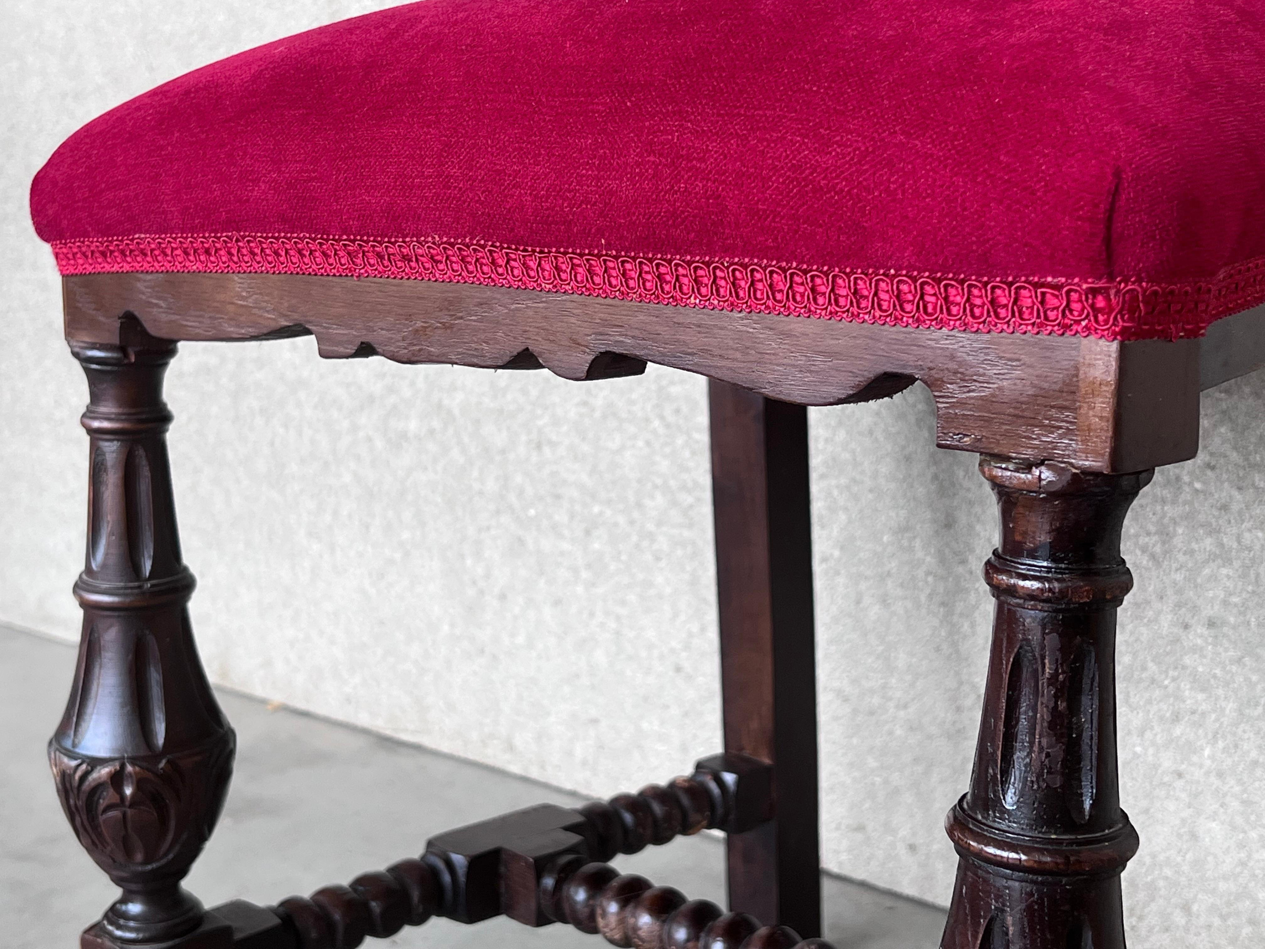 19th Century Set of Six French Carved Walnut Turned Wood Chairs with Velvet Seat For Sale 4