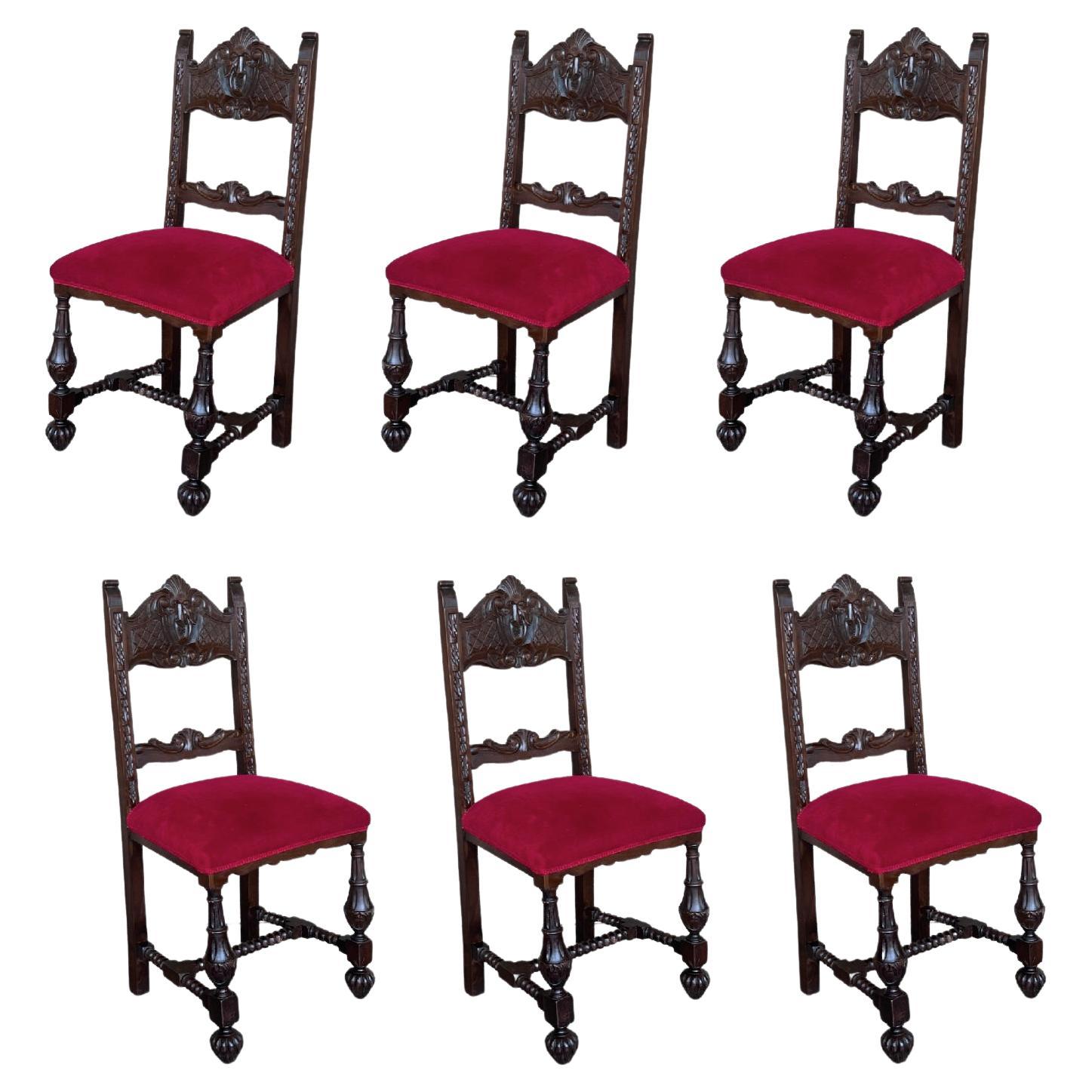 19th Century Set of Six French Carved Walnut Turned Wood Chairs with Velvet Seat For Sale