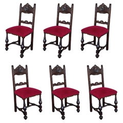 Used 19th Century Set of Six French Carved Walnut Turned Wood Chairs with Velvet Seat