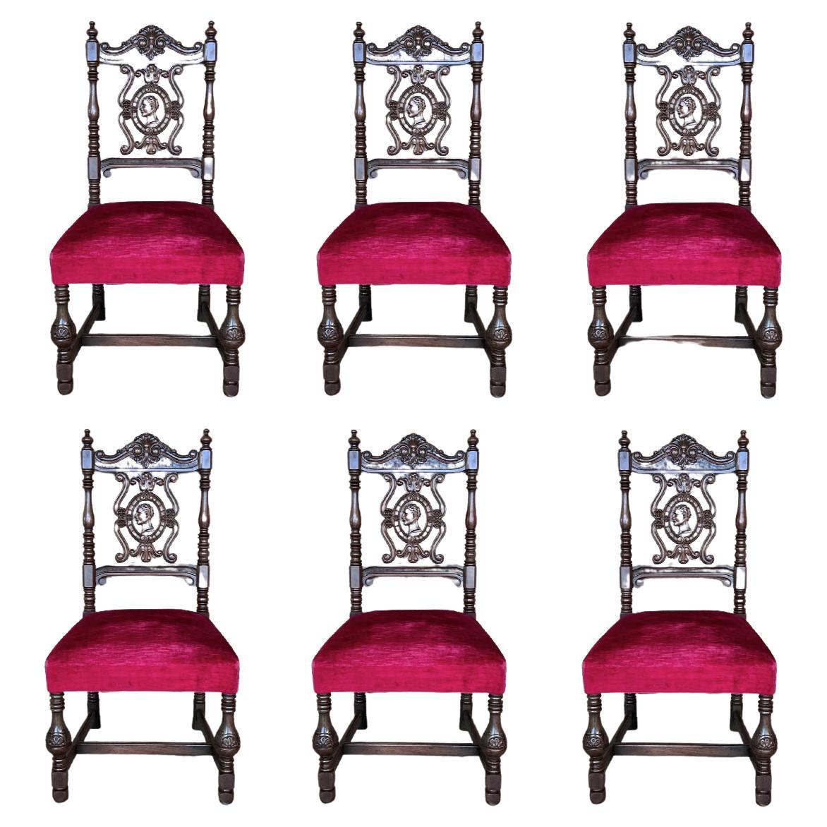 19th Century Set of Six French Carved Walnut Turned Wood Chairs with Velvet Seat