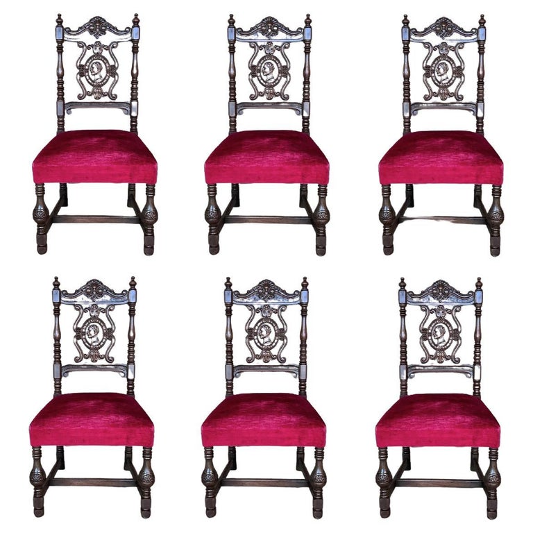 19th Century Set of Six French Carved Walnut Turned Wood Chairs with ...