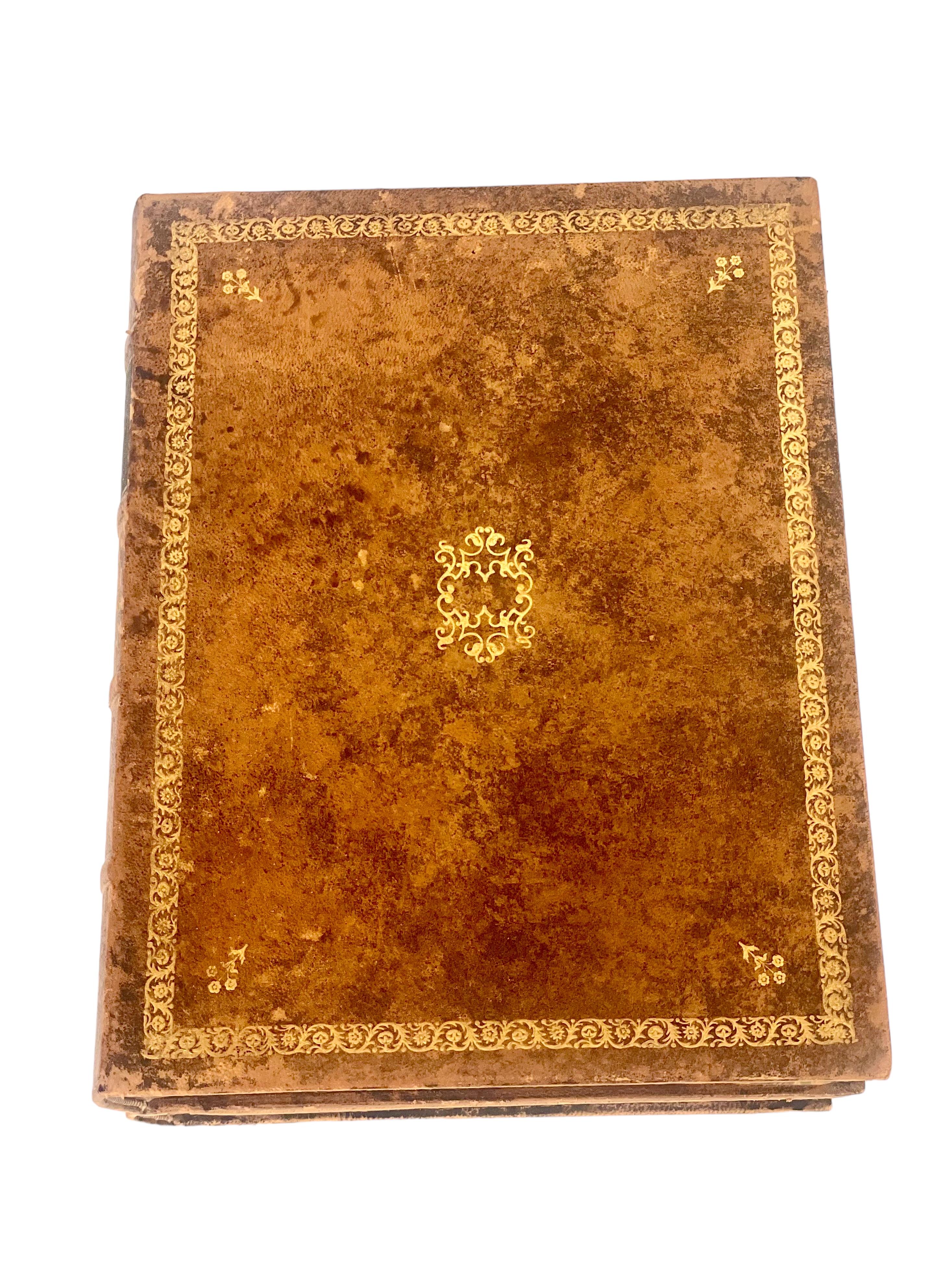 Art Nouveau 19th Century Faux Book Leather Tantalus and 6 Engraved Crystal Glasses