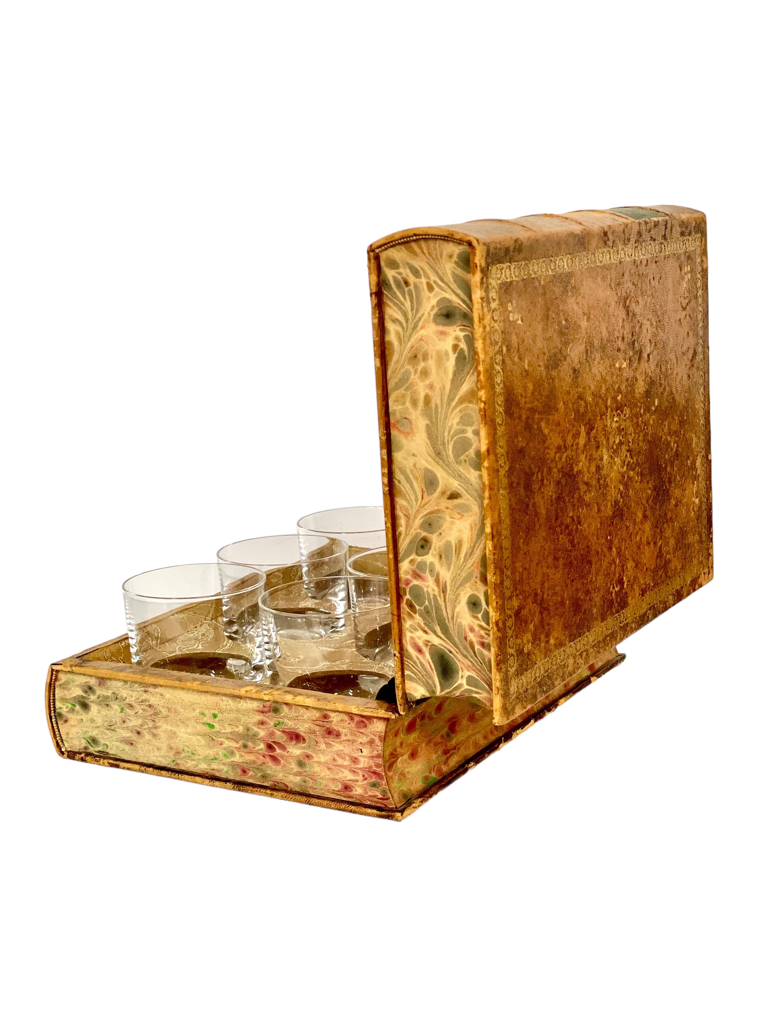 19th Century French Faux Book Leather Tantalus and 6 Engraved Crystal Glasses For Sale