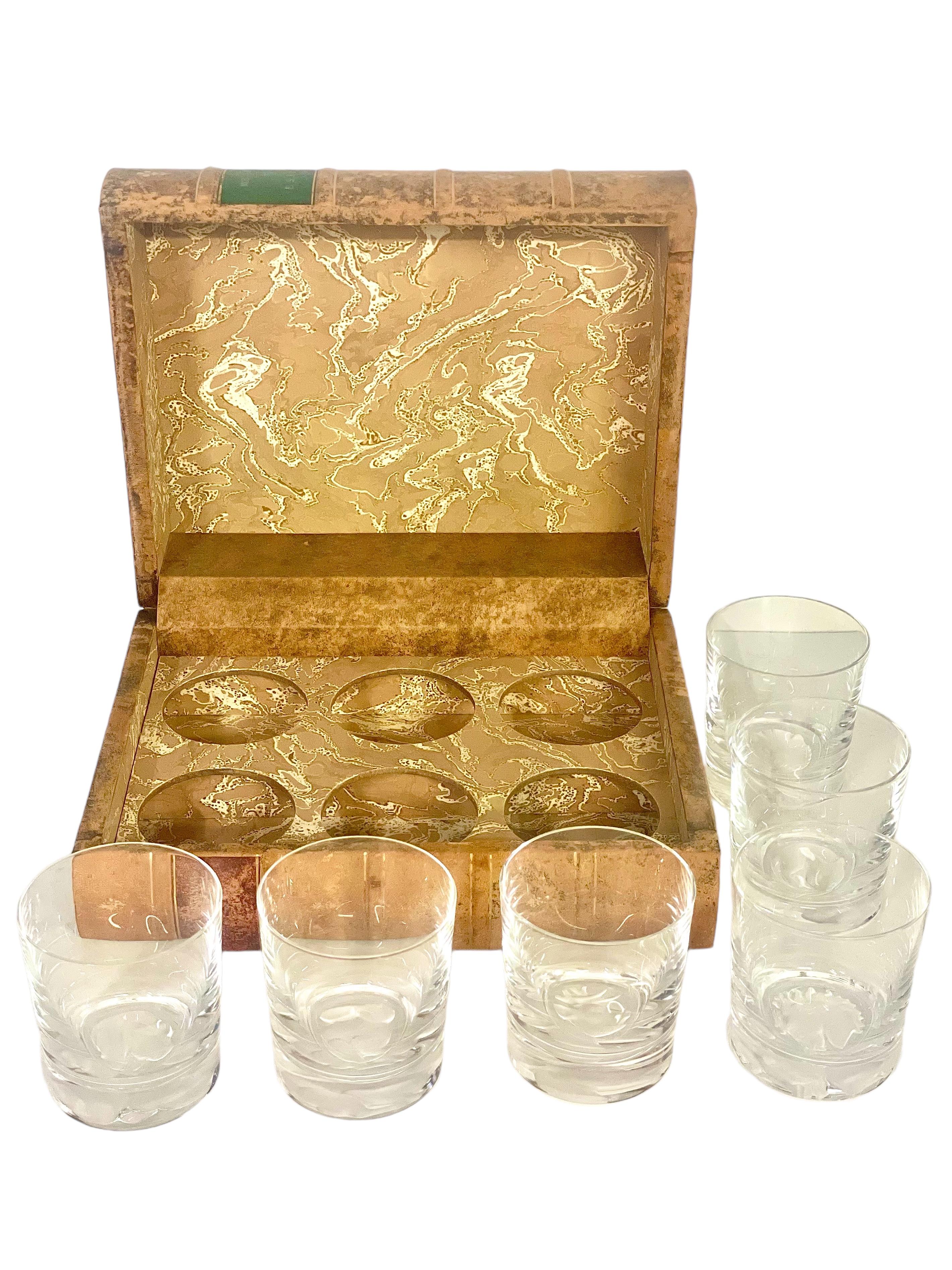 French Faux Book Leather Tantalus and 6 Engraved Crystal Glasses For Sale 1