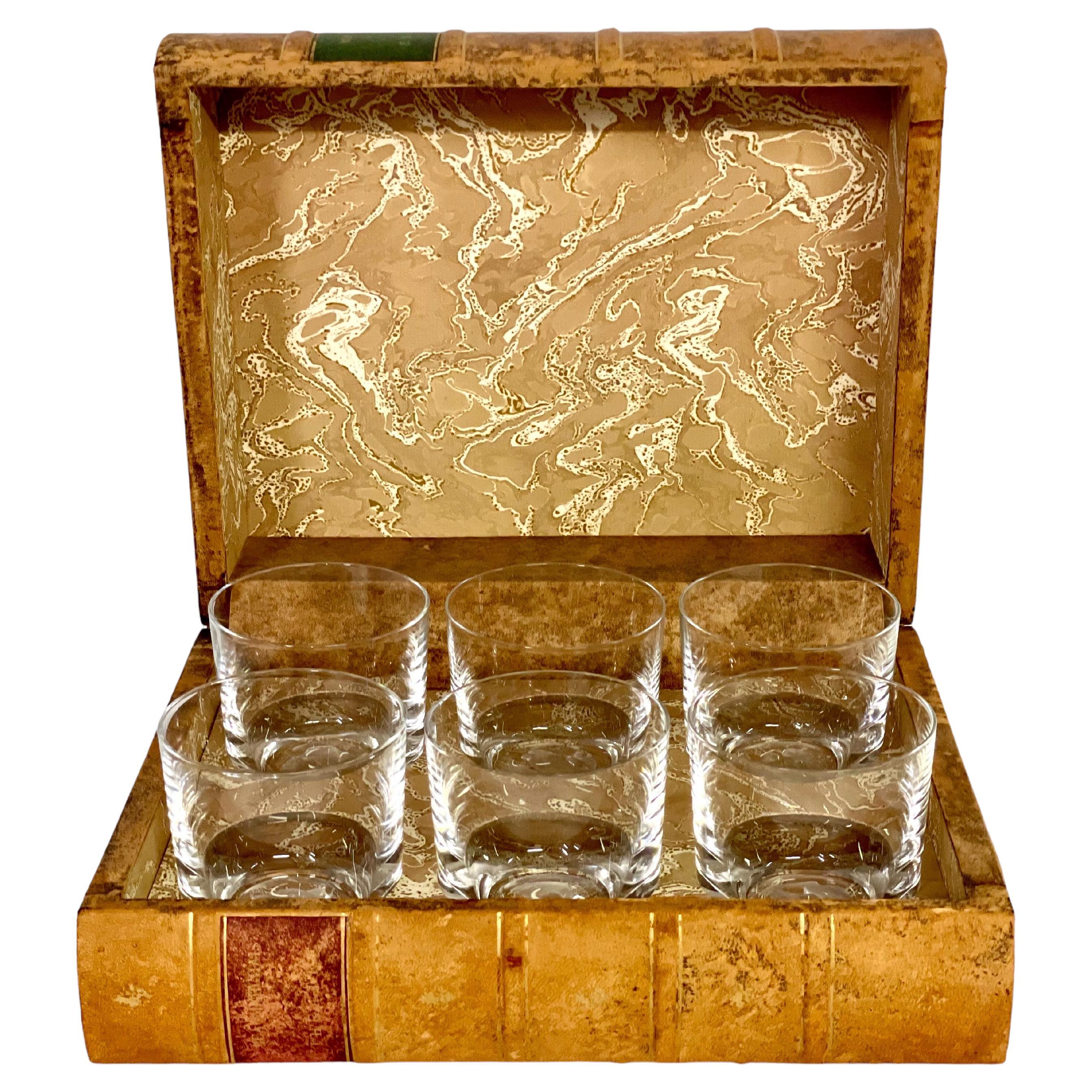 French Faux Book Leather Tantalus and 6 Engraved Crystal Glasses