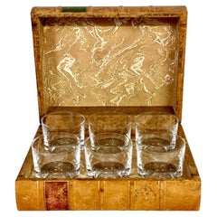 French Faux Book Leather Tantalus and 6 Engraved Crystal Glasses