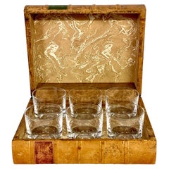 19th Century Faux Book Leather Tantalus and 6 Engraved Crystal Glasses