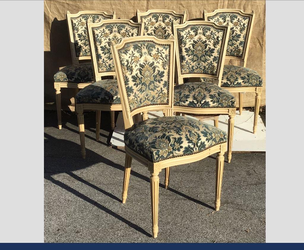 19th century set of six French ivory lacquered wood chairs with original brocade upholstery. 1890s.