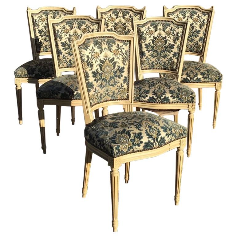 19th Century Set of Six French Lacquered Wood Chairs with Original Upholstery For Sale