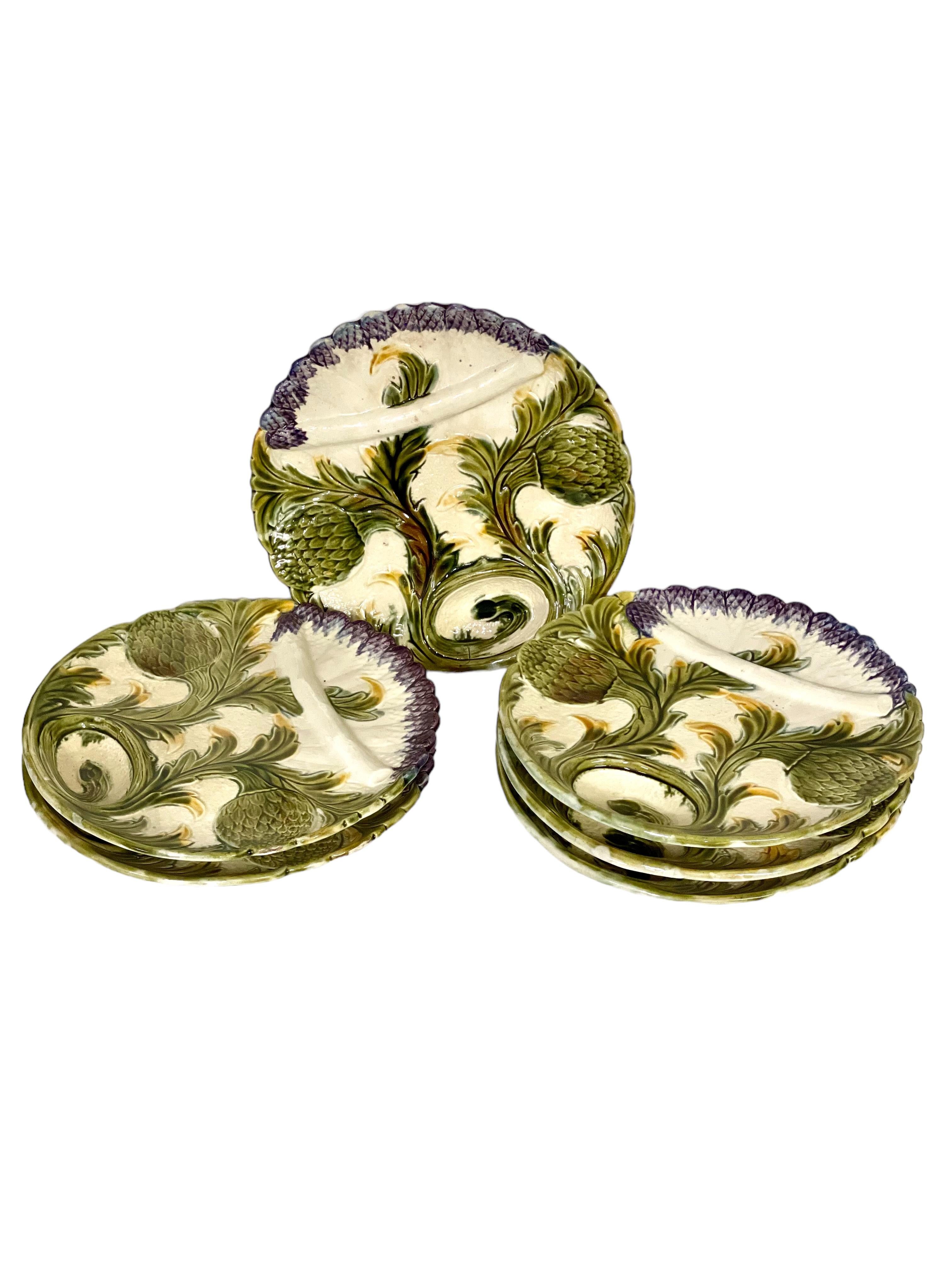 19th Century Set of Six French Majolica Asparagus Plates For Sale 2