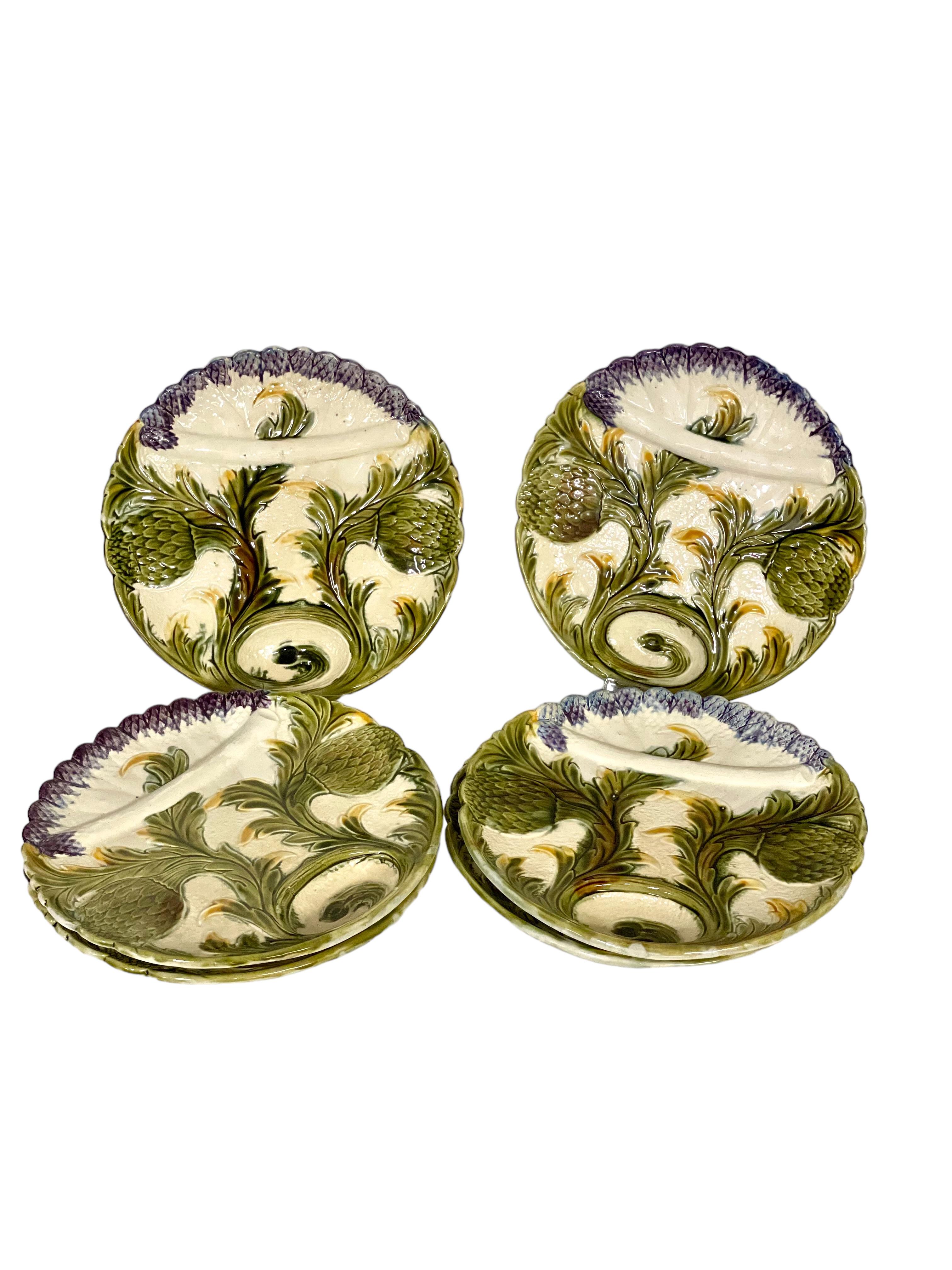 19th Century Set of Six French Majolica Asparagus Plates For Sale 2