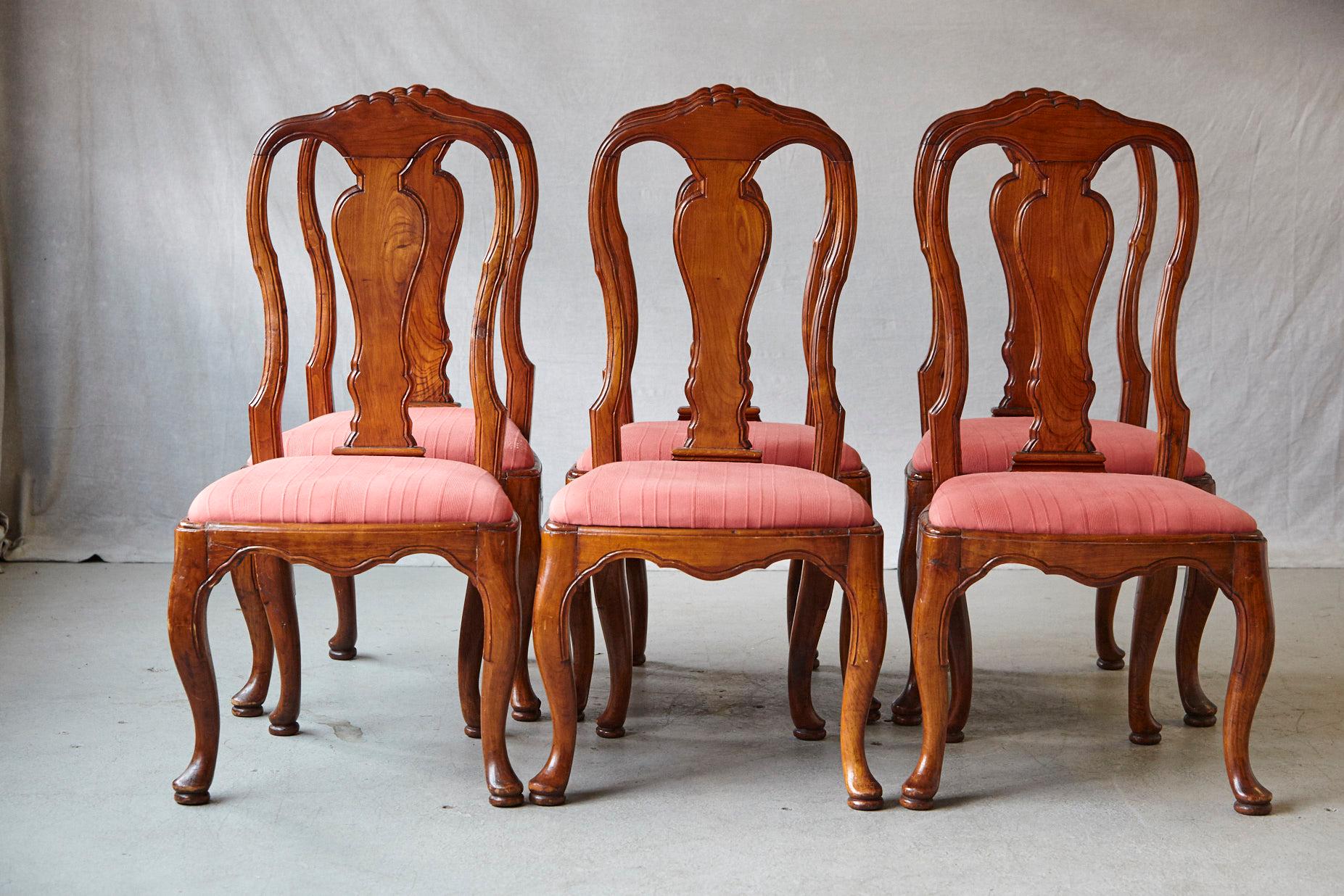 George II 19th Century Set of Six Louis XIV French Country Style Carved Walnut Chairs