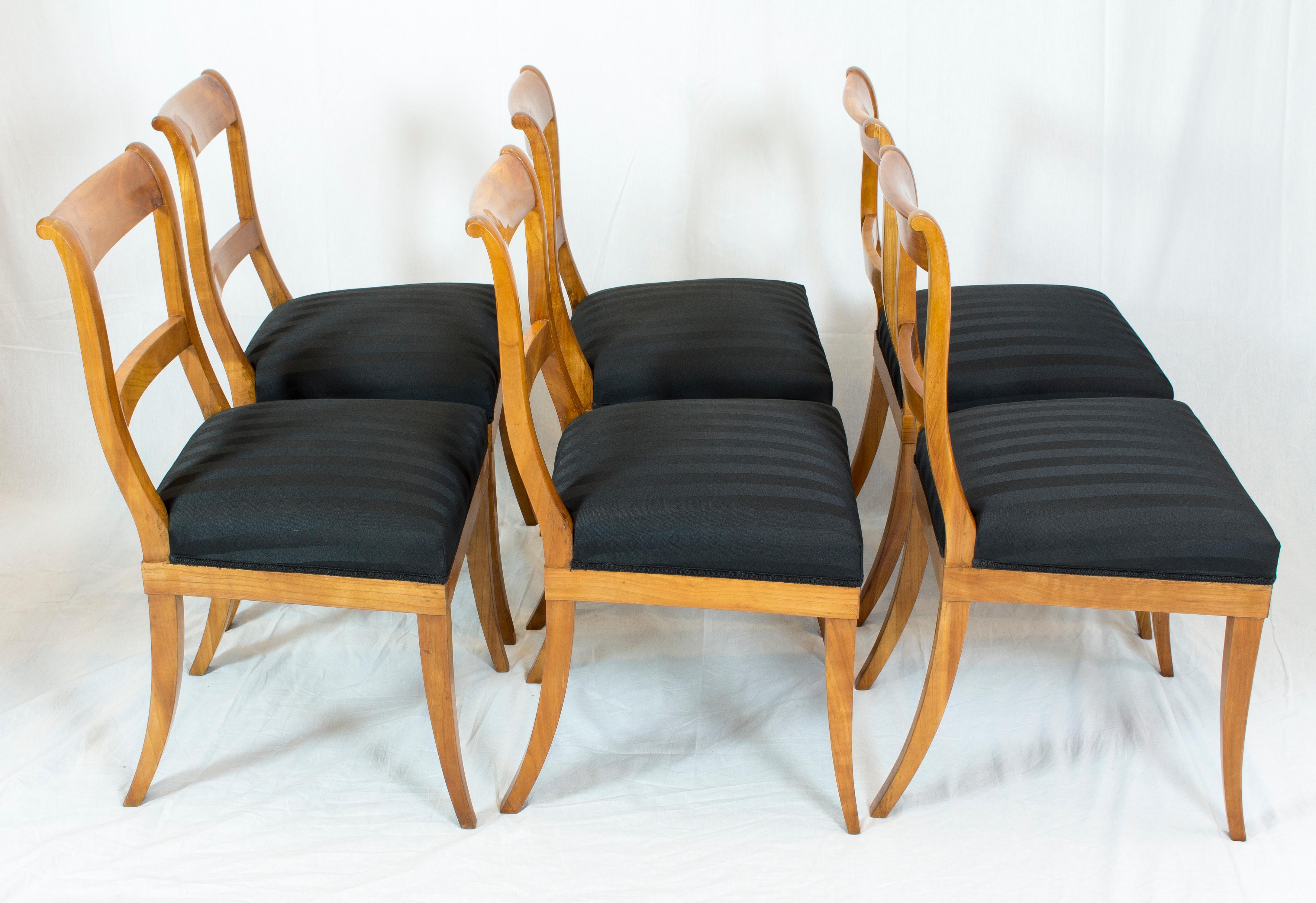 A beautiful set of six chairs from the Biedermeier period, circa 1825. The chairs are made of solid cherrywood and newly upholstered. The chairs are in a very good restored condition.
The seat height is 48 cm.