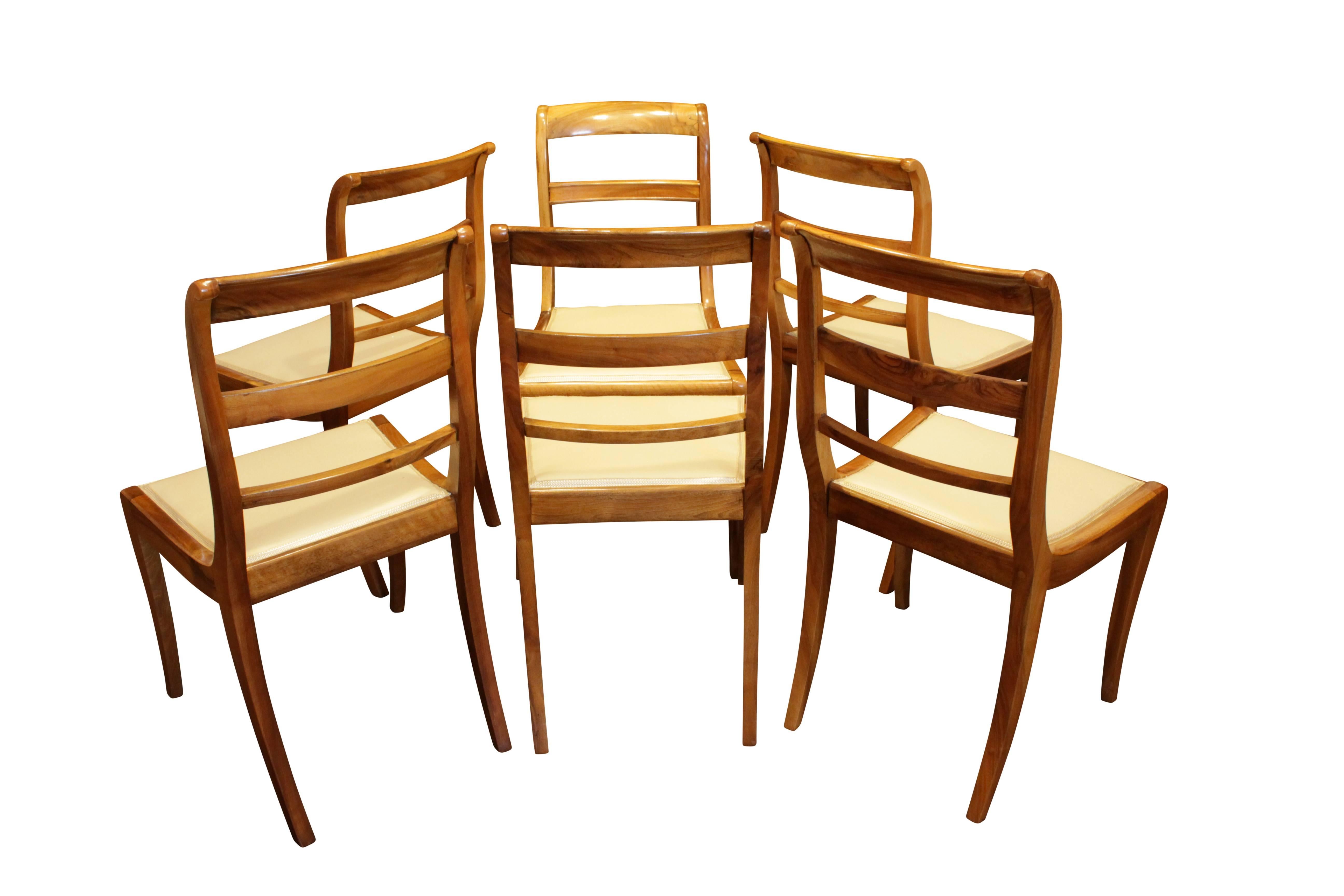 Polished 19th Century, Set of Six Solid Walnut Biedermeier Chairs from Germany