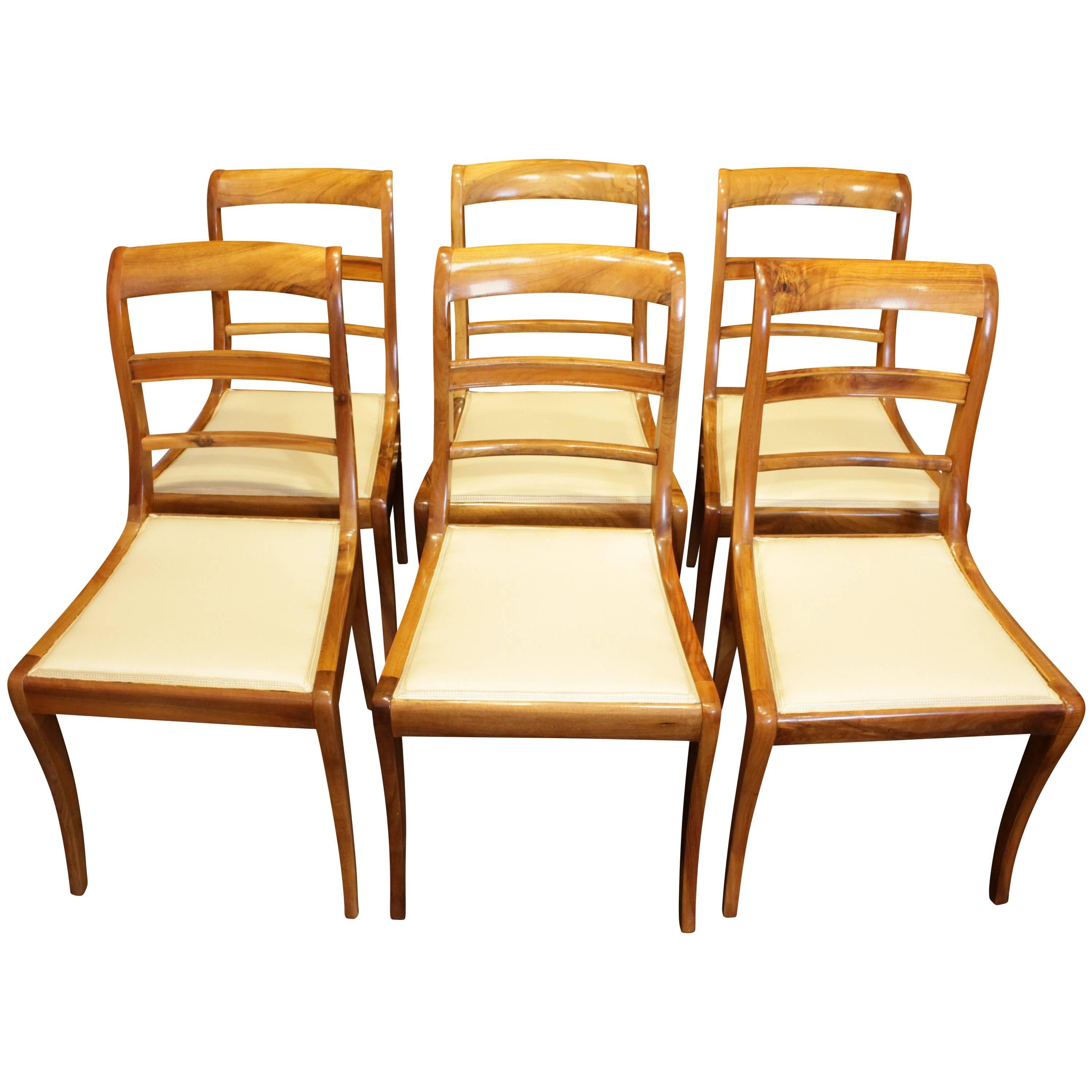 19th Century, Set of Six Solid Walnut Biedermeier Chairs from Germany