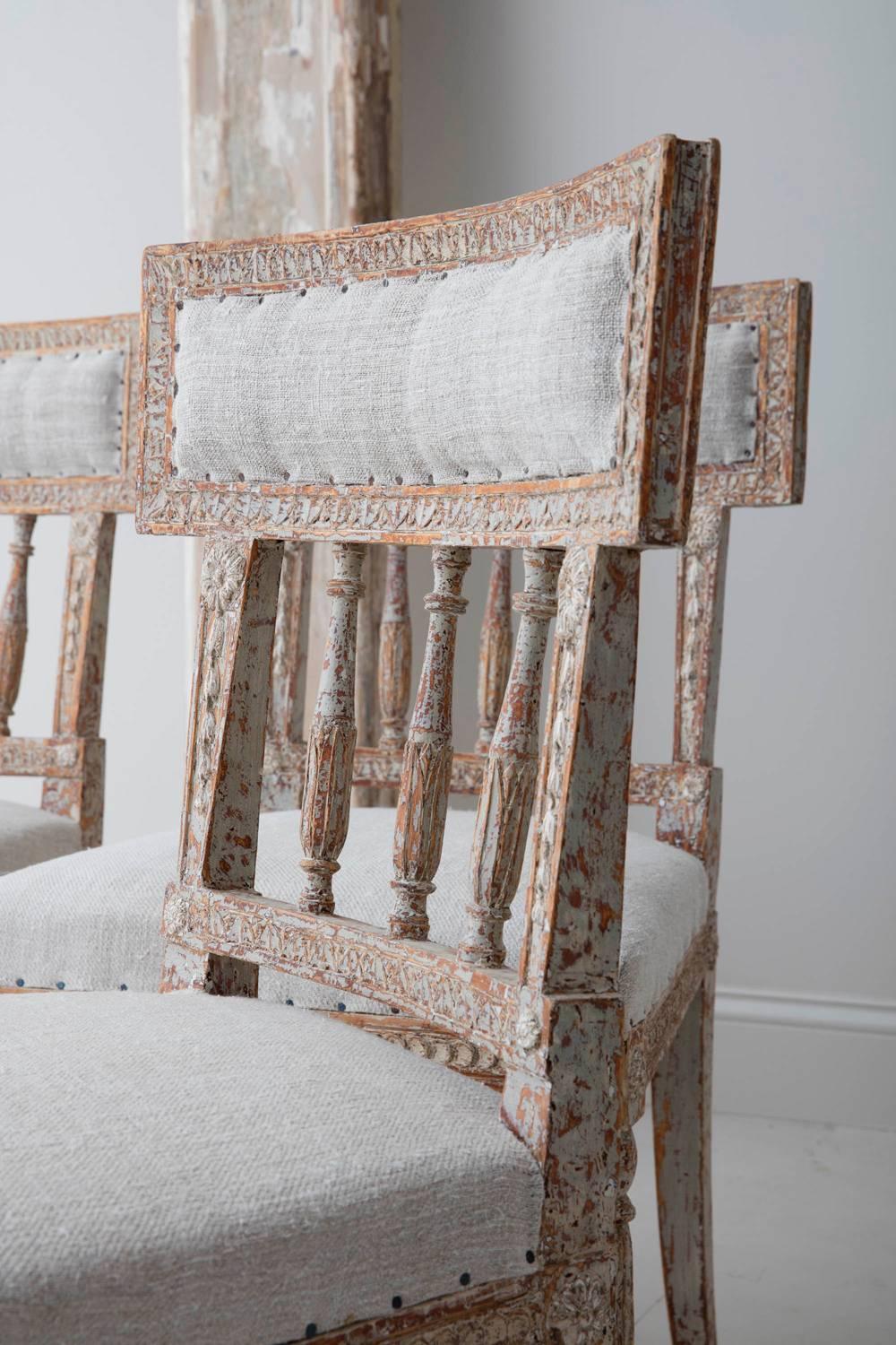 Hand-Carved 19th Century Set of Six Swedish Gustavian Period Chairs in Original Paint