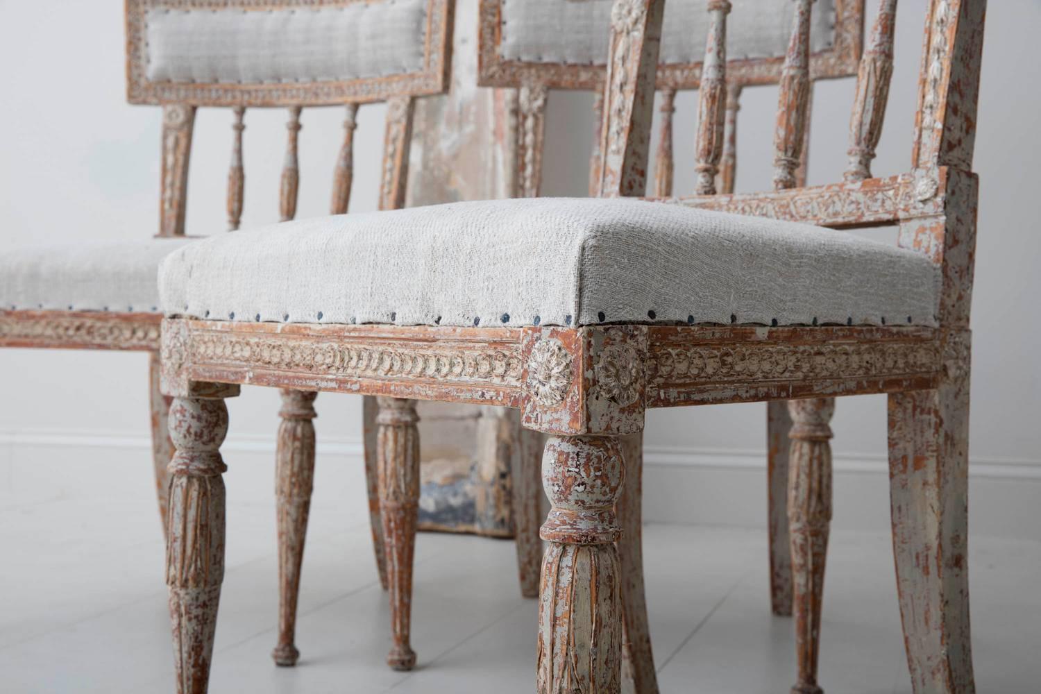 Linen 19th Century Set of Six Swedish Gustavian Period Chairs in Original Paint