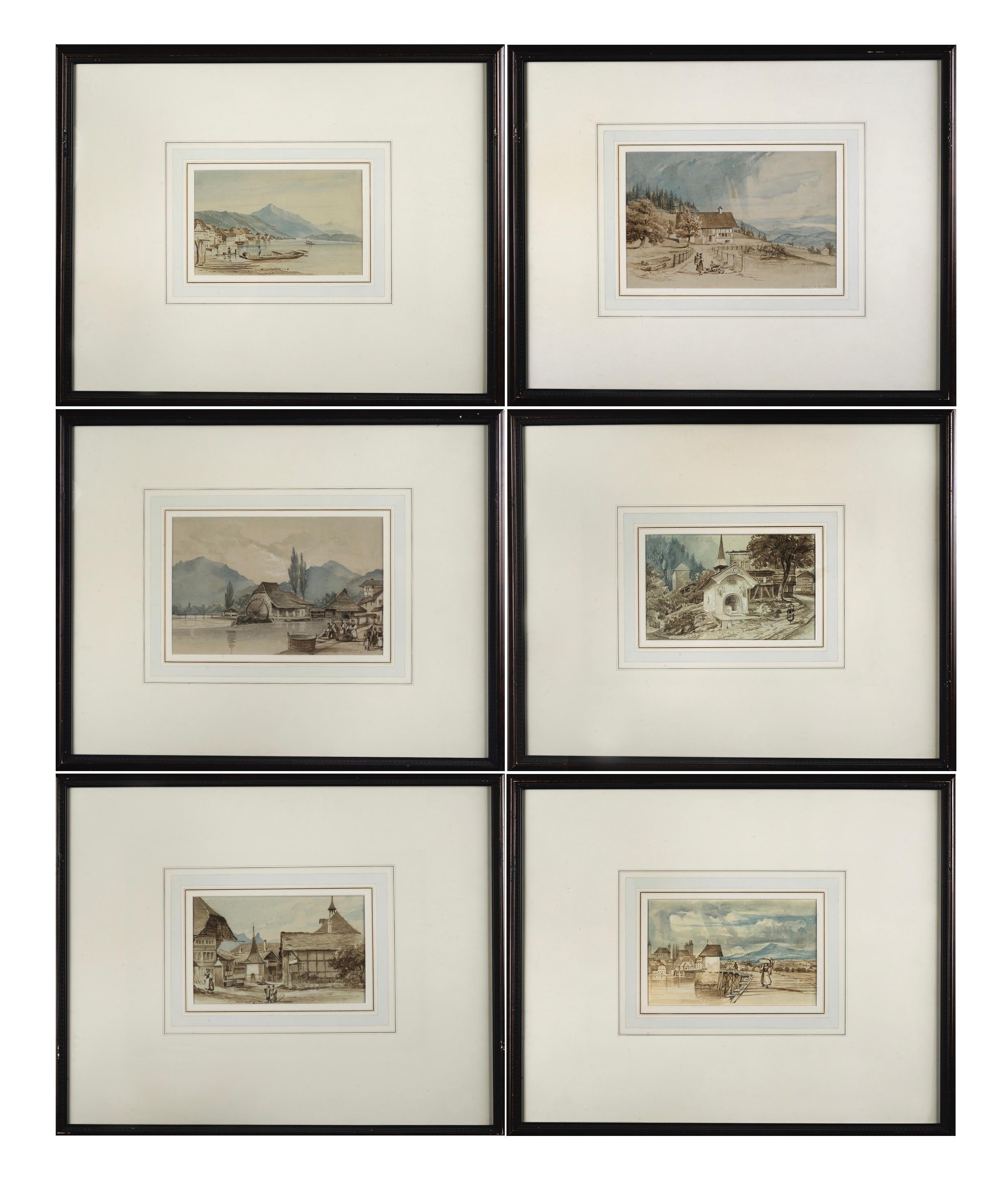 Romantic 19th Century Set of Six Watercolors Depicting Views of Switzerland