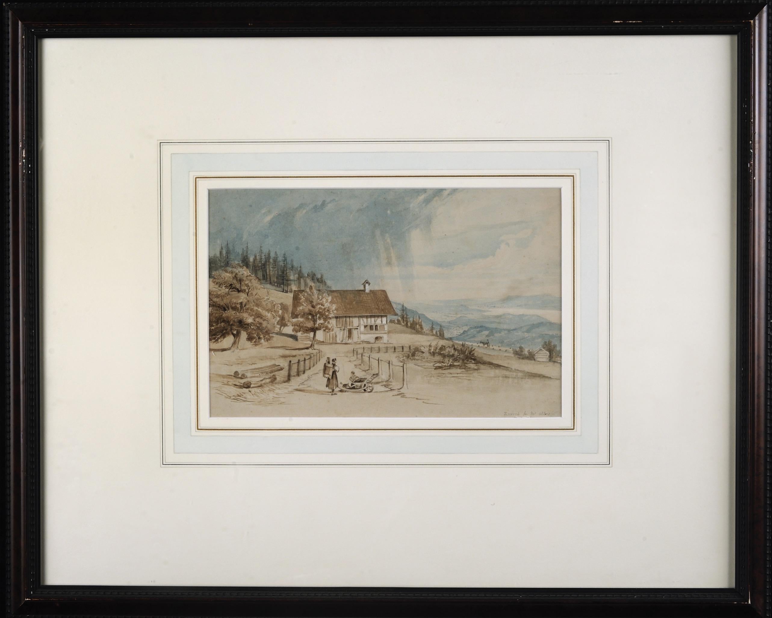 Hand-Painted 19th Century Set of Six Watercolors Depicting Views of Switzerland
