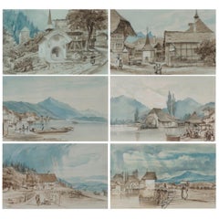 19th Century Set of Six Watercolors Depicting Views of Switzerland