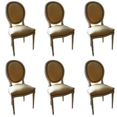 19th Century Set of Six Wood and Fabric French Dining Chairs