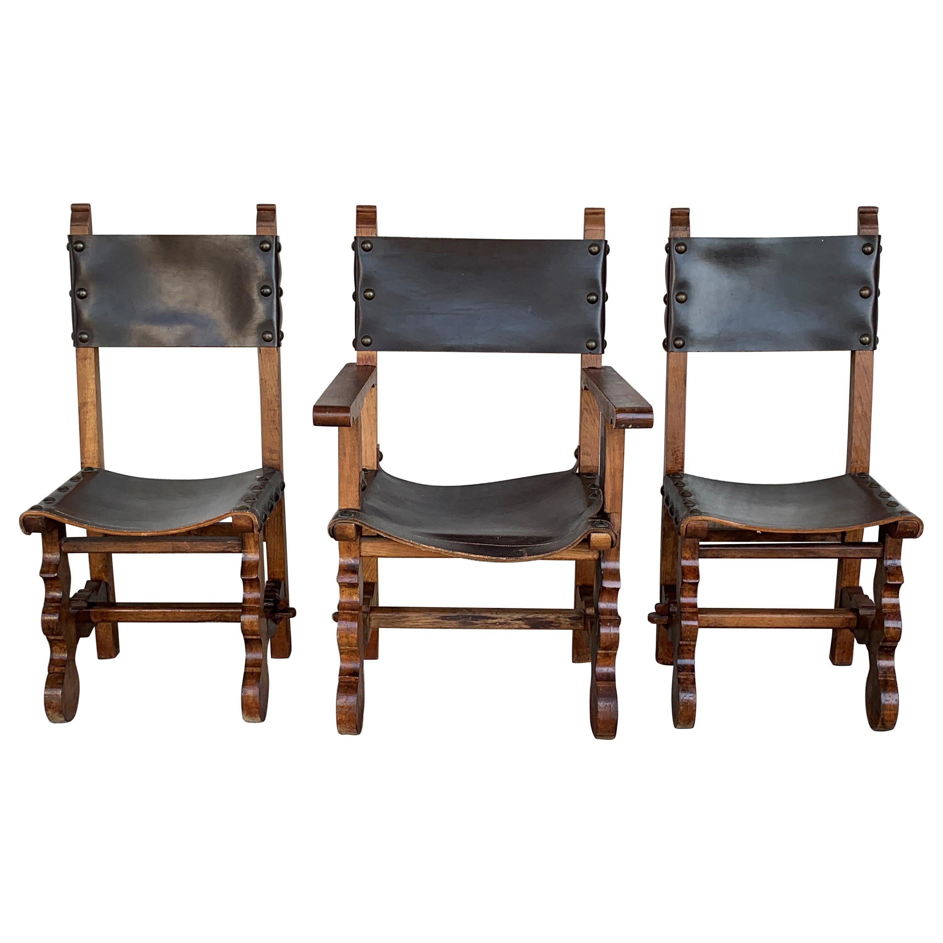 Set aus spanischem Kolonialsessel und zwei Stühlen aus dem 19. Jahrhundert