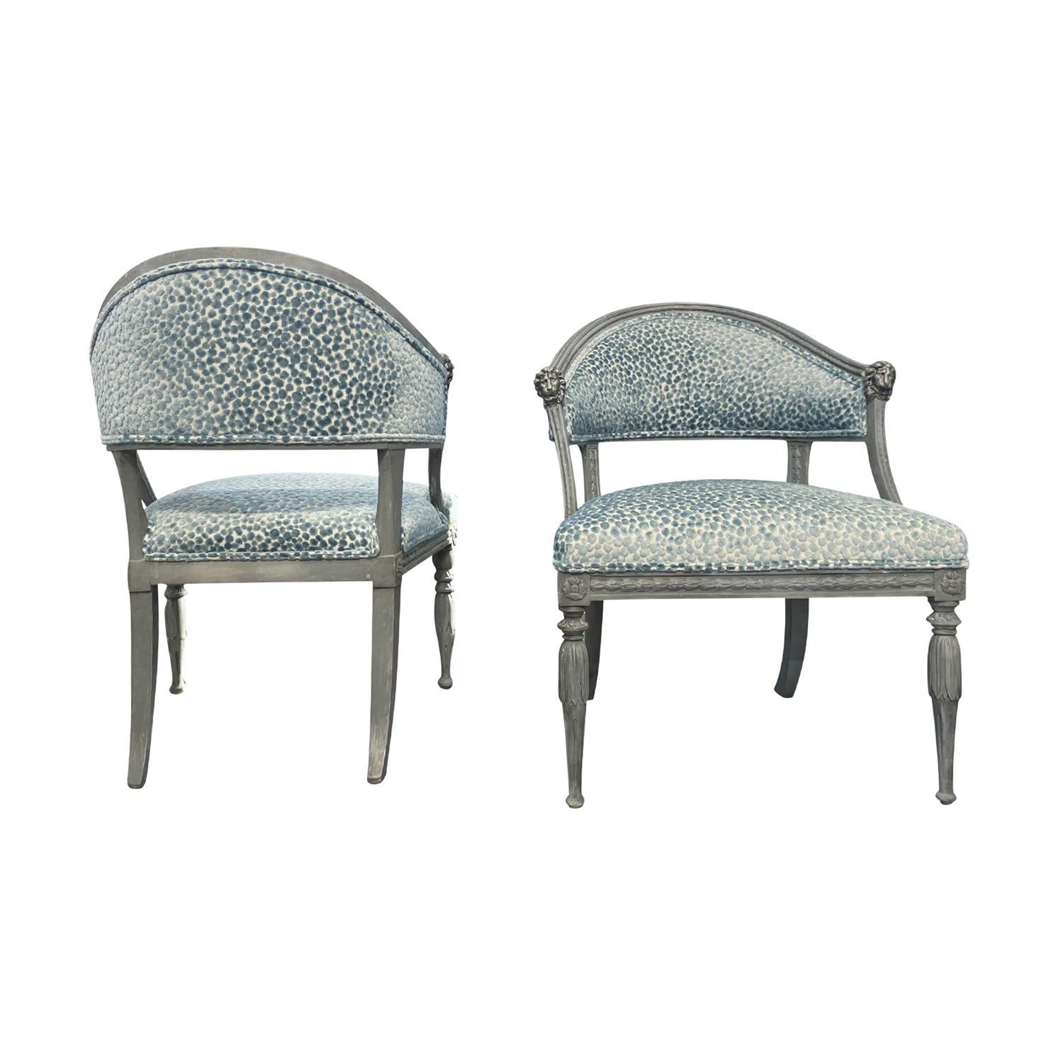 A grey, antique Swedish Gustavian set of similar armchairs made of hand crafted painted Birchwood, designed and produced most likely by Ephraim Ståhl in good condition. The Scandinavian side, end chairs have a half rounded backrest with slim