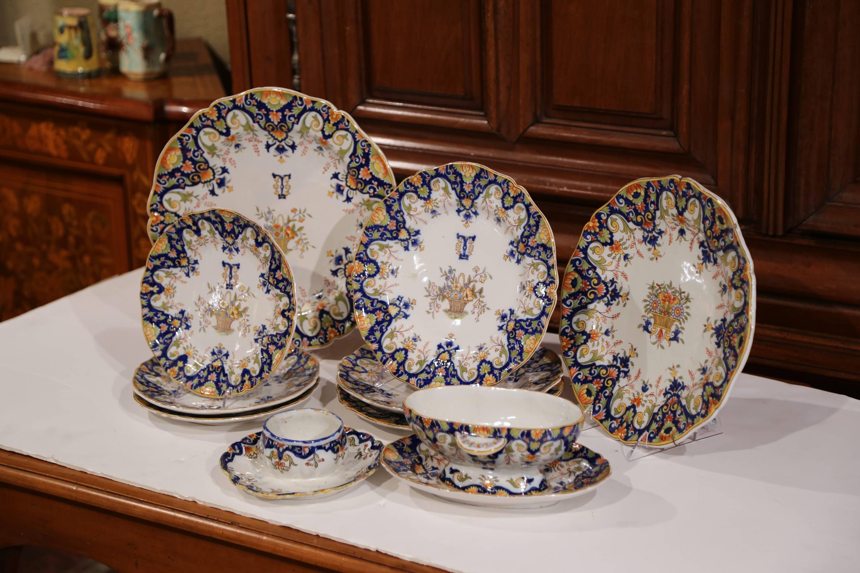Hand-Painted 19th Century Set of Ten French Painted Faience Plates and Dishes from Normandy For Sale