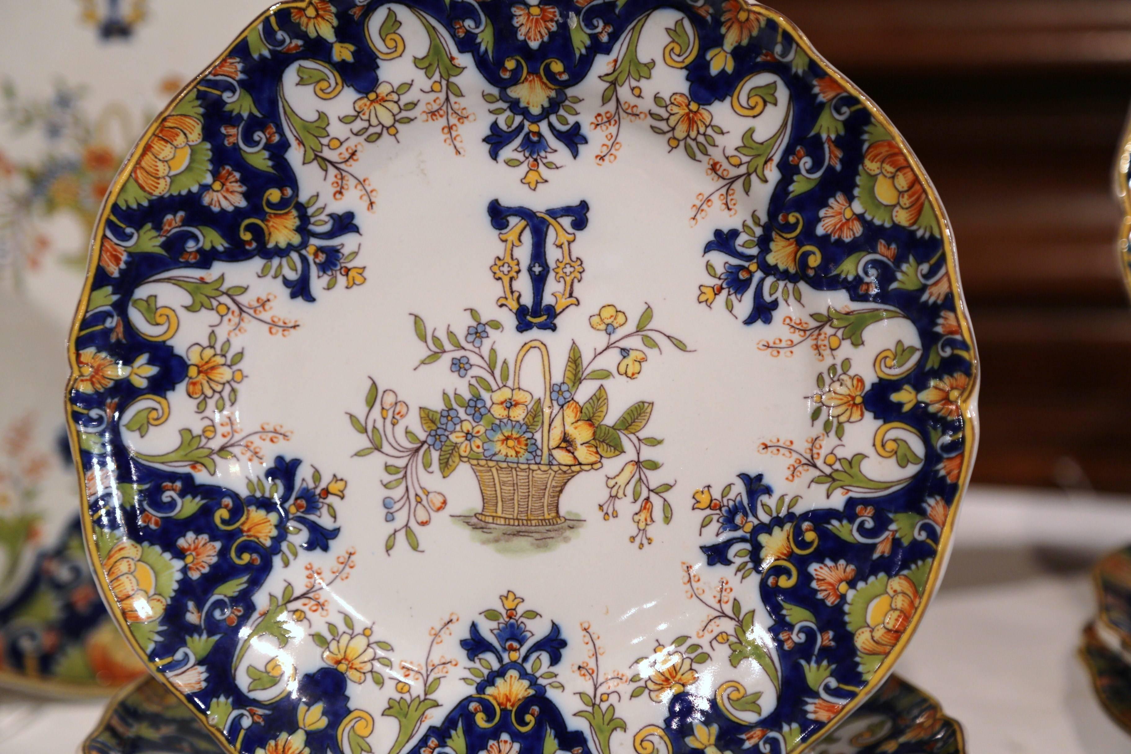 19th Century Set of Ten French Painted Faience Plates and Dishes from Normandy In Good Condition For Sale In Dallas, TX