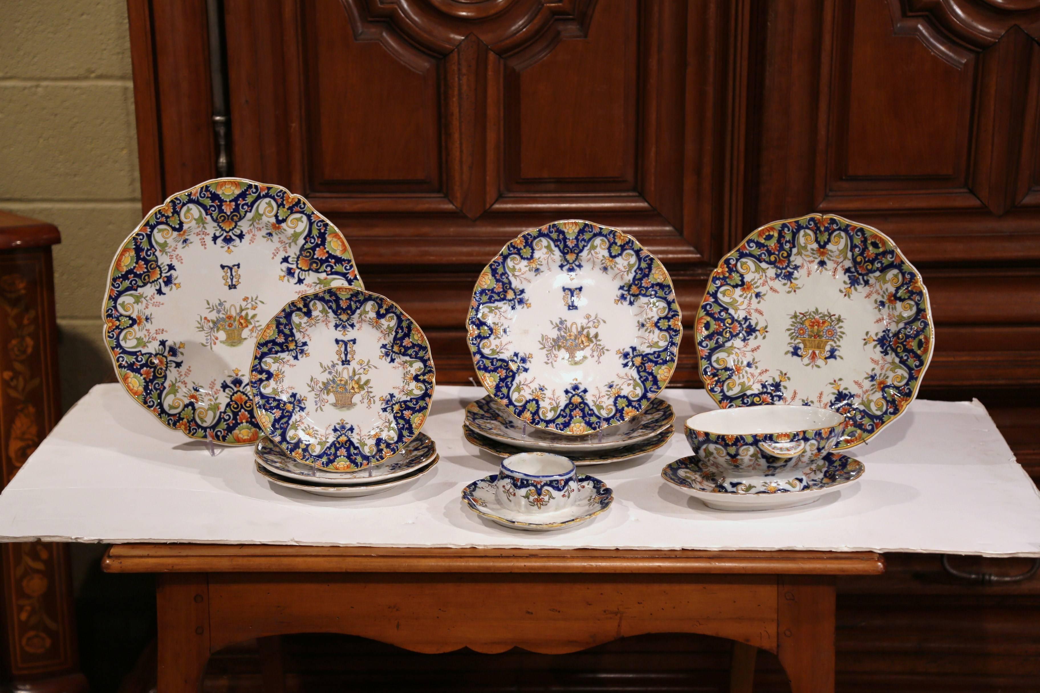 Ceramic 19th Century Set of Ten French Painted Faience Plates and Dishes from Normandy For Sale