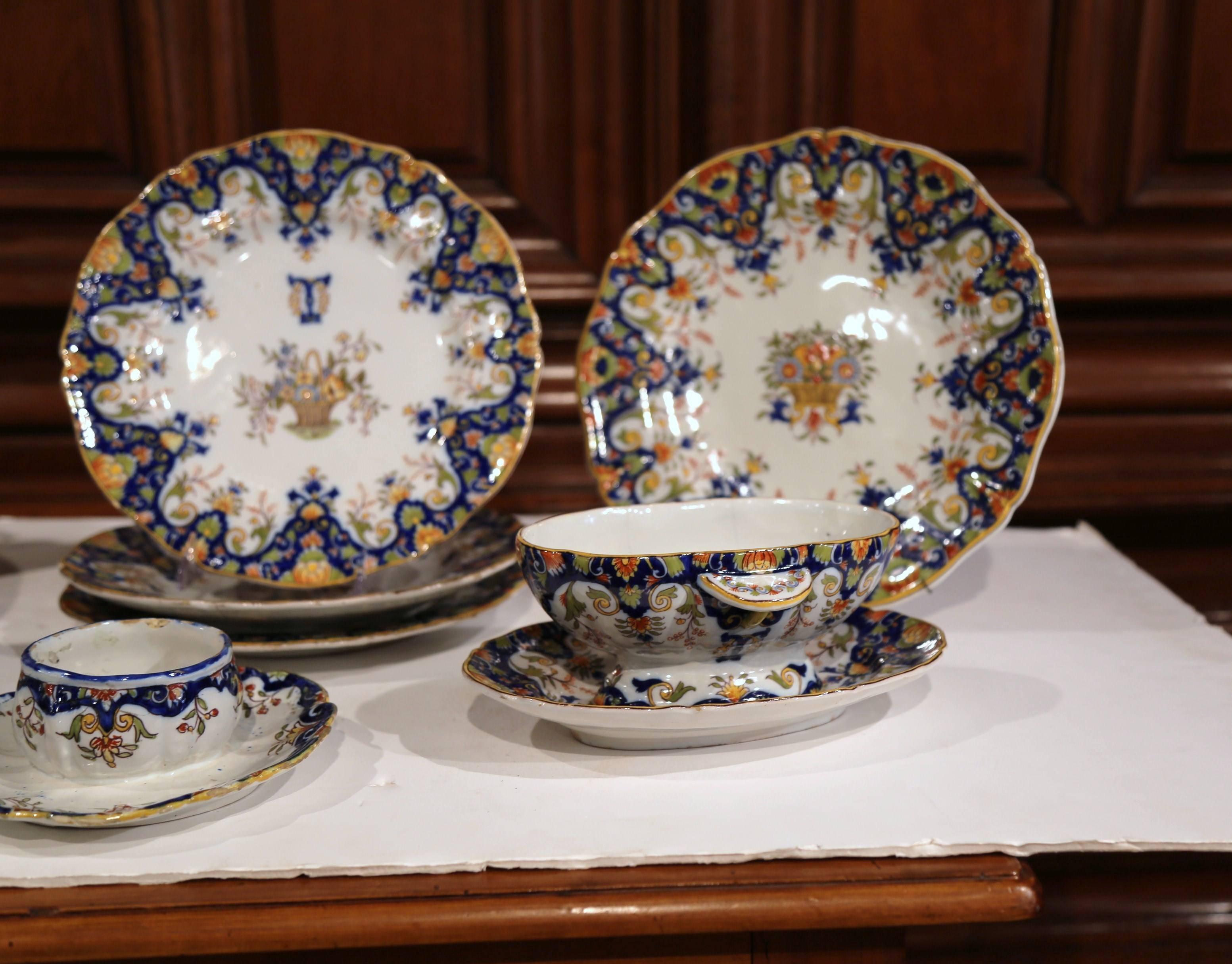 19th Century Set of Ten French Painted Faience Plates and Dishes from Normandy For Sale 1