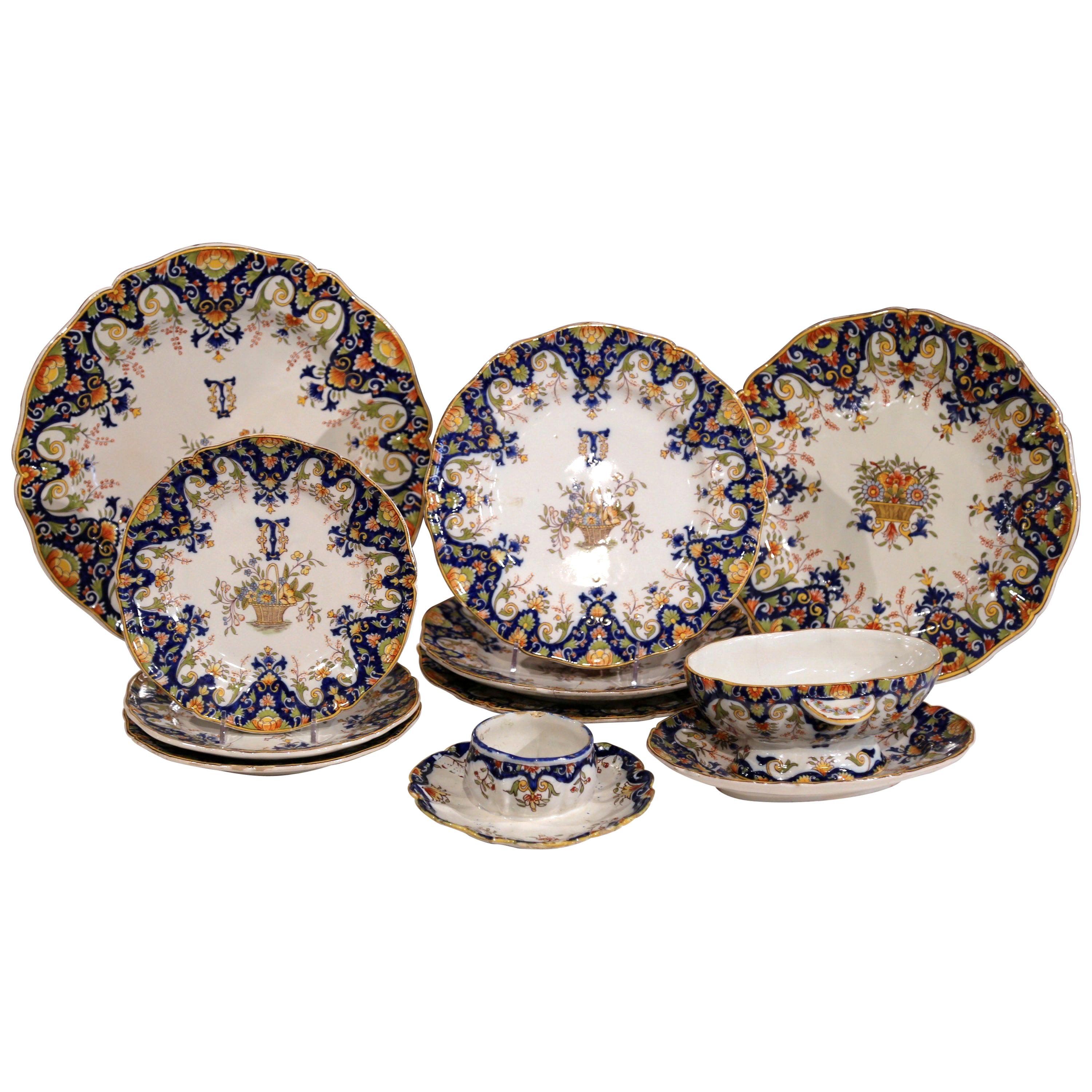 19th Century Set of Ten French Painted Faience Plates and Dishes from Normandy