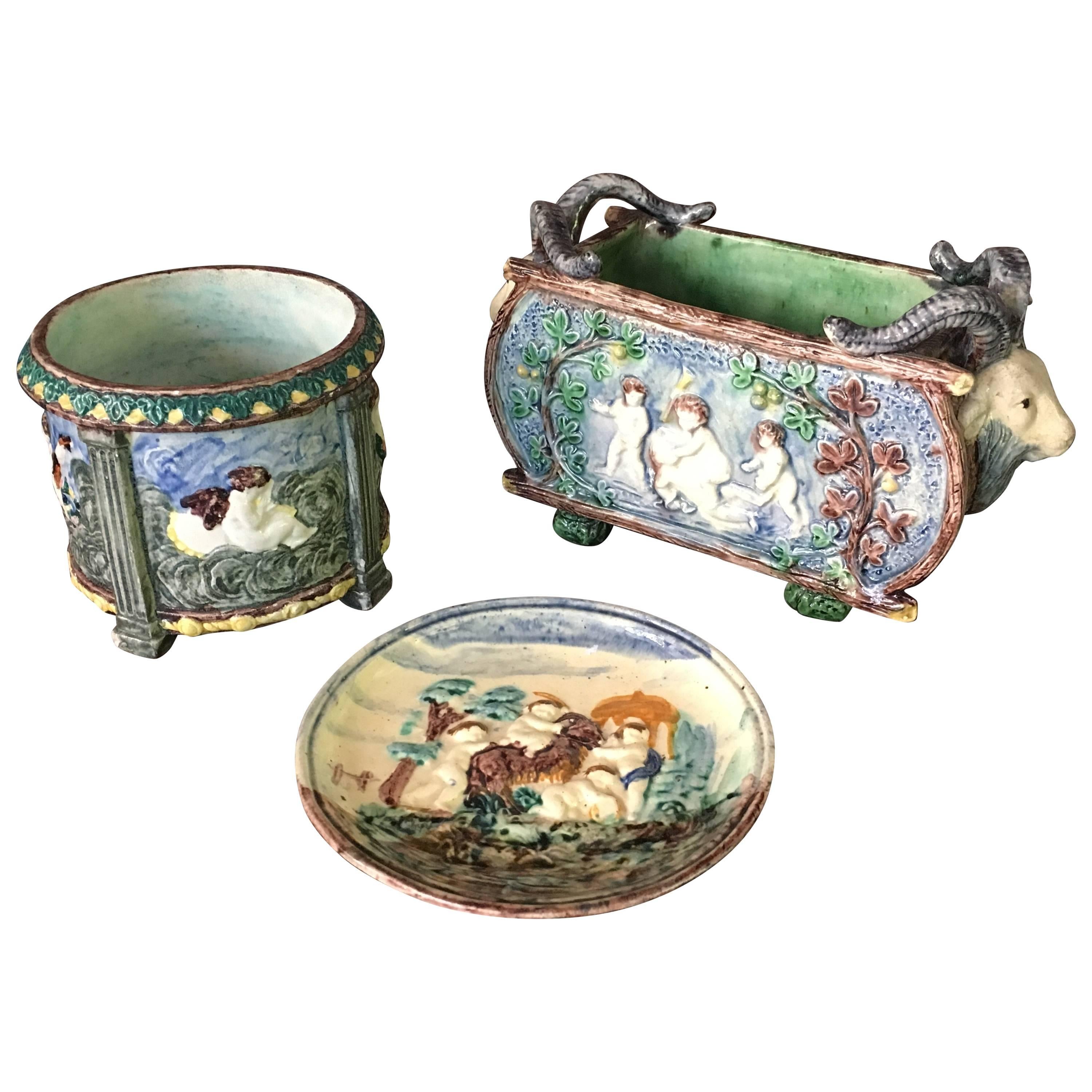 19th Century Set of Three Barbotine Ceramic Pieces Signed by Thomas Sergent For Sale