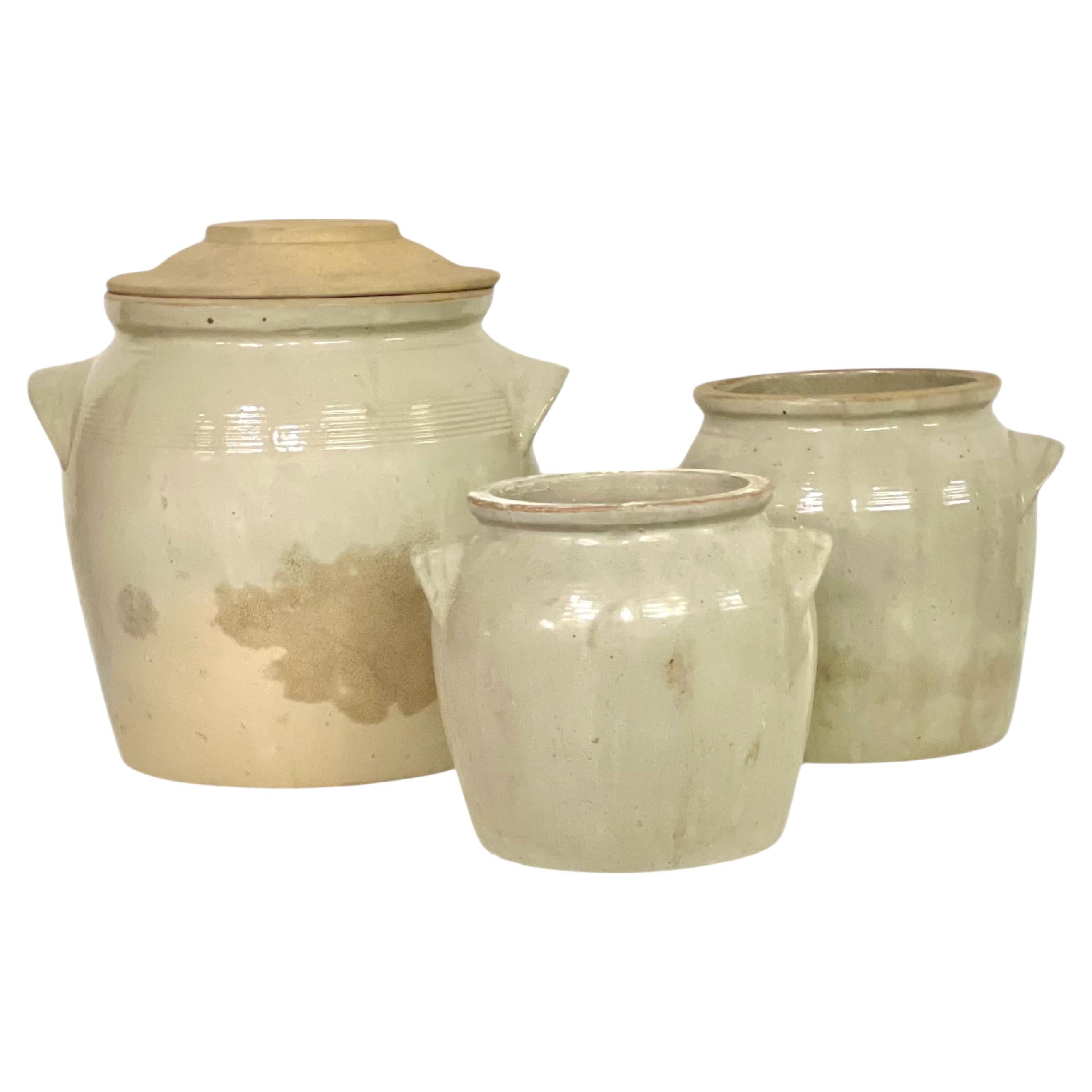 19th Century set of Three Glazed Confit Pots
