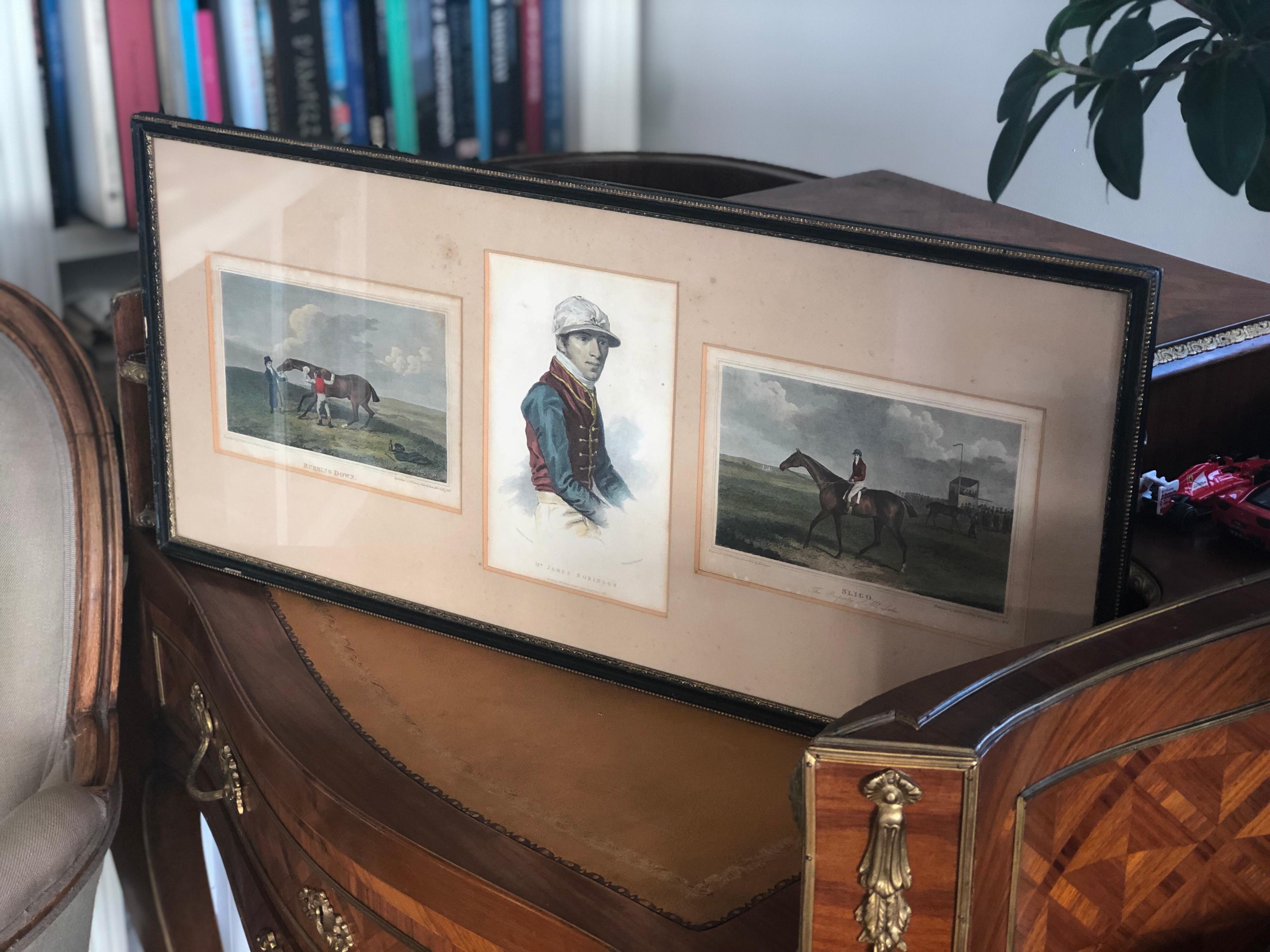 Three antique handcolored engravings on a vellin type paper.
First one is titled 'Rubbing Down'. It shows: a gentleman holding his horse steady in a field, while his stabile boy rubs the horse down. Some equipment is laid to the right. The image