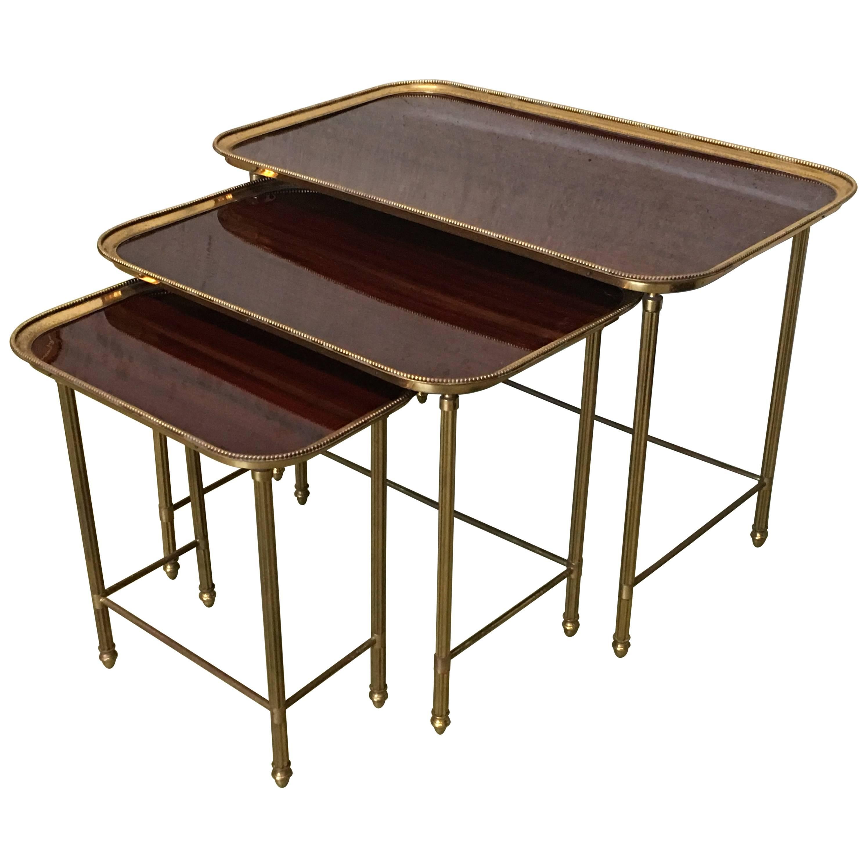 19th Century Set of Three Nesting Tables in Brass and Mahogany, France For Sale