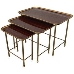 19th Century Set of Three Nesting Tables in Brass and Mahogany, France