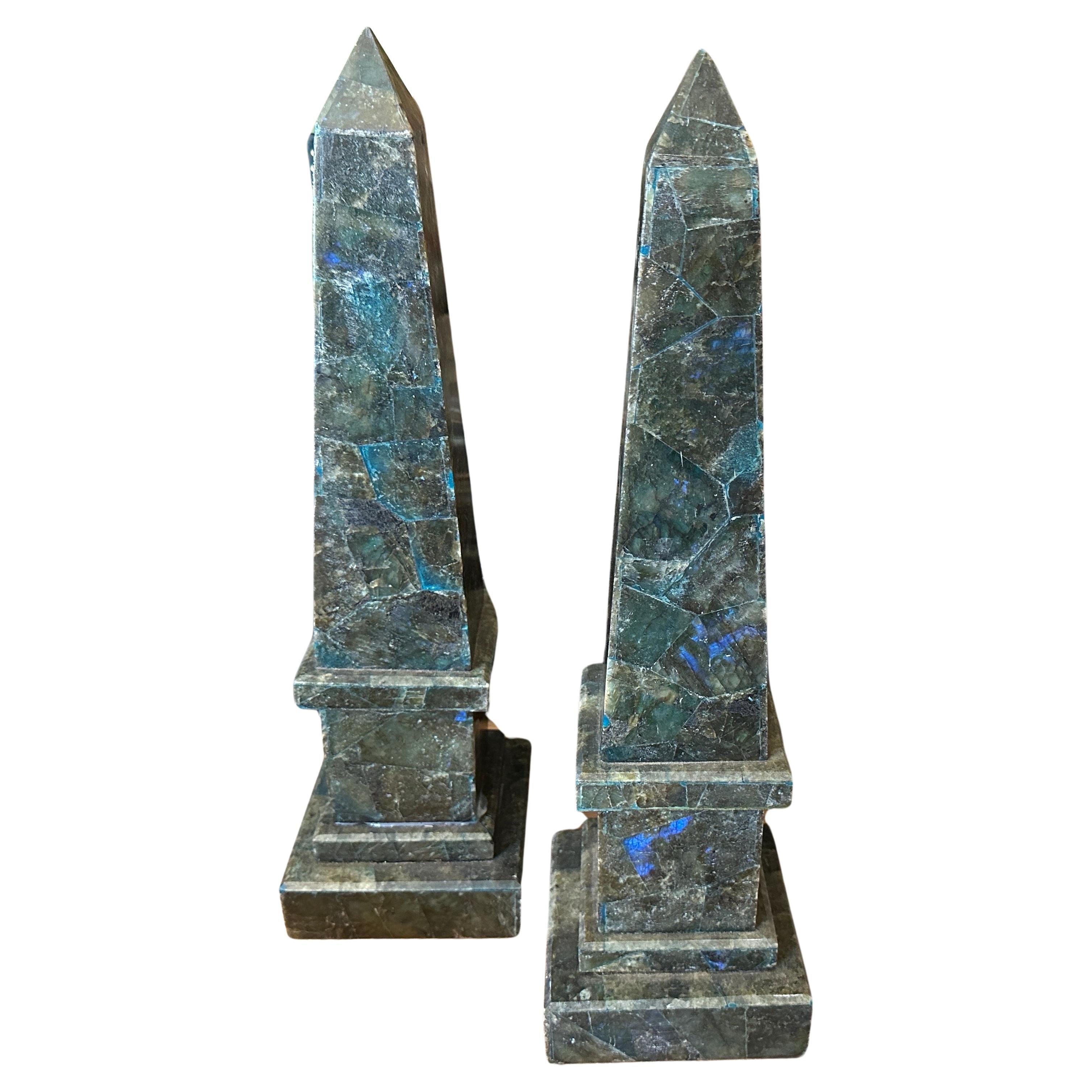 19th Century Set of Two Green Marble and Lapis lazuli Assembled Italian Obelisks